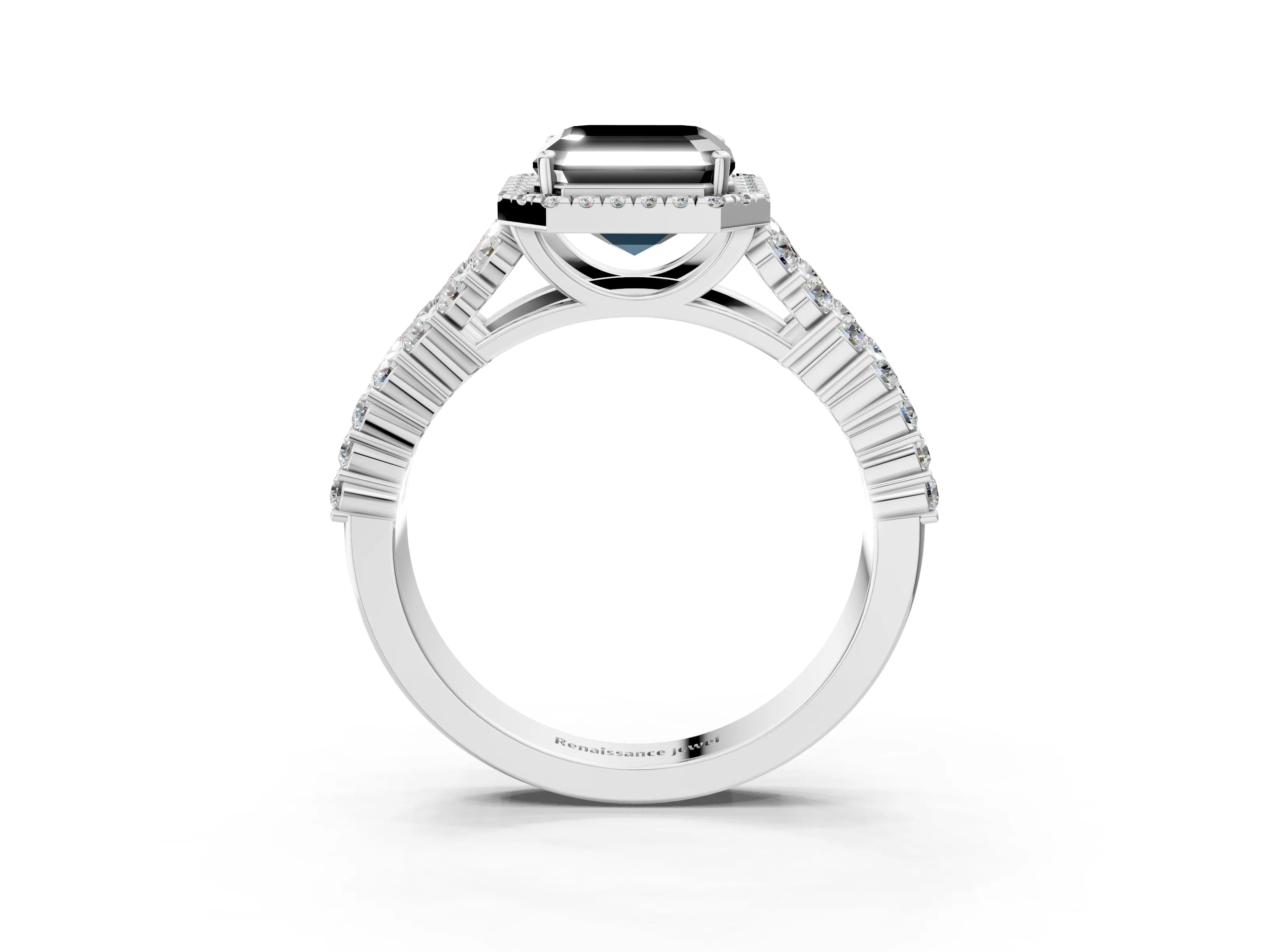 White gold Fancy Black Asscher Cut Halo Pavé Diamond Engagement Ring with Split Shank and Four-Prong Setting_6