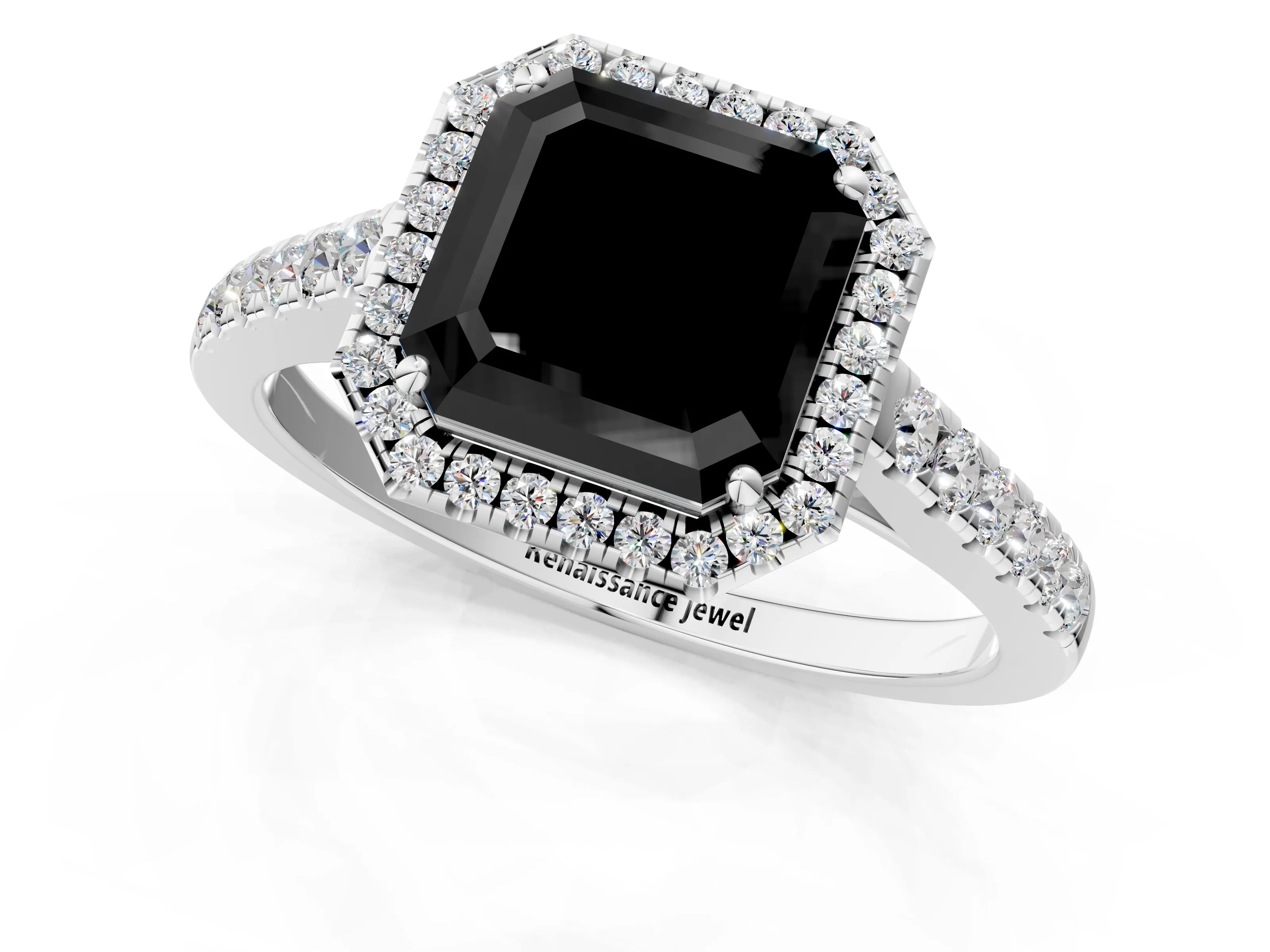 White gold Fancy Black Asscher Cut Halo Pave Diamond Engagement Ring with Four-Prong Setting_1