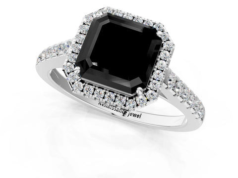 White gold Fancy Black Asscher Cut Halo Pave Diamond Engagement Ring with Four-Prong Setting_1