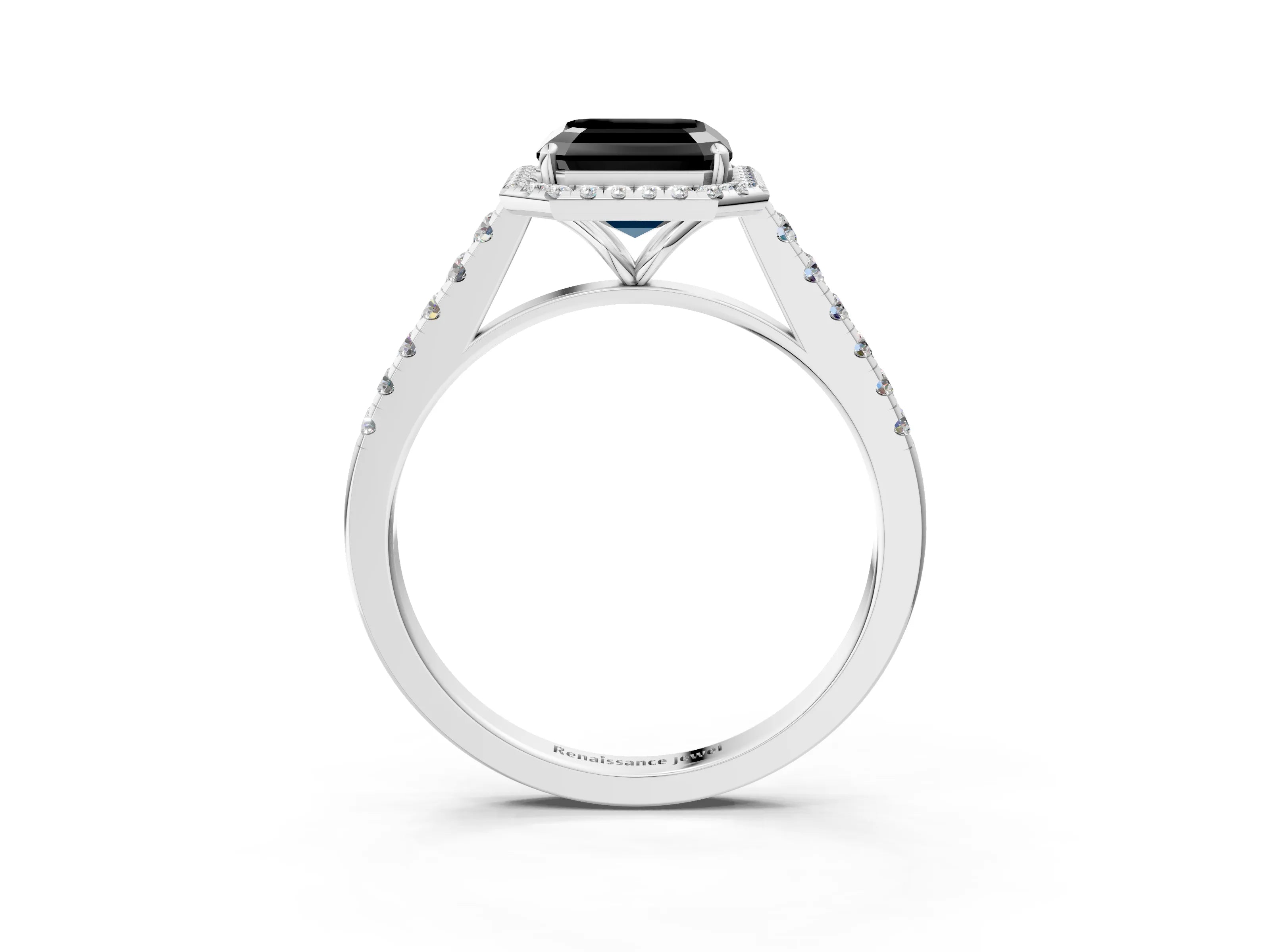 White gold Fancy Black Asscher Cut Halo Pave Diamond Engagement Ring with Four-Prong Setting_3