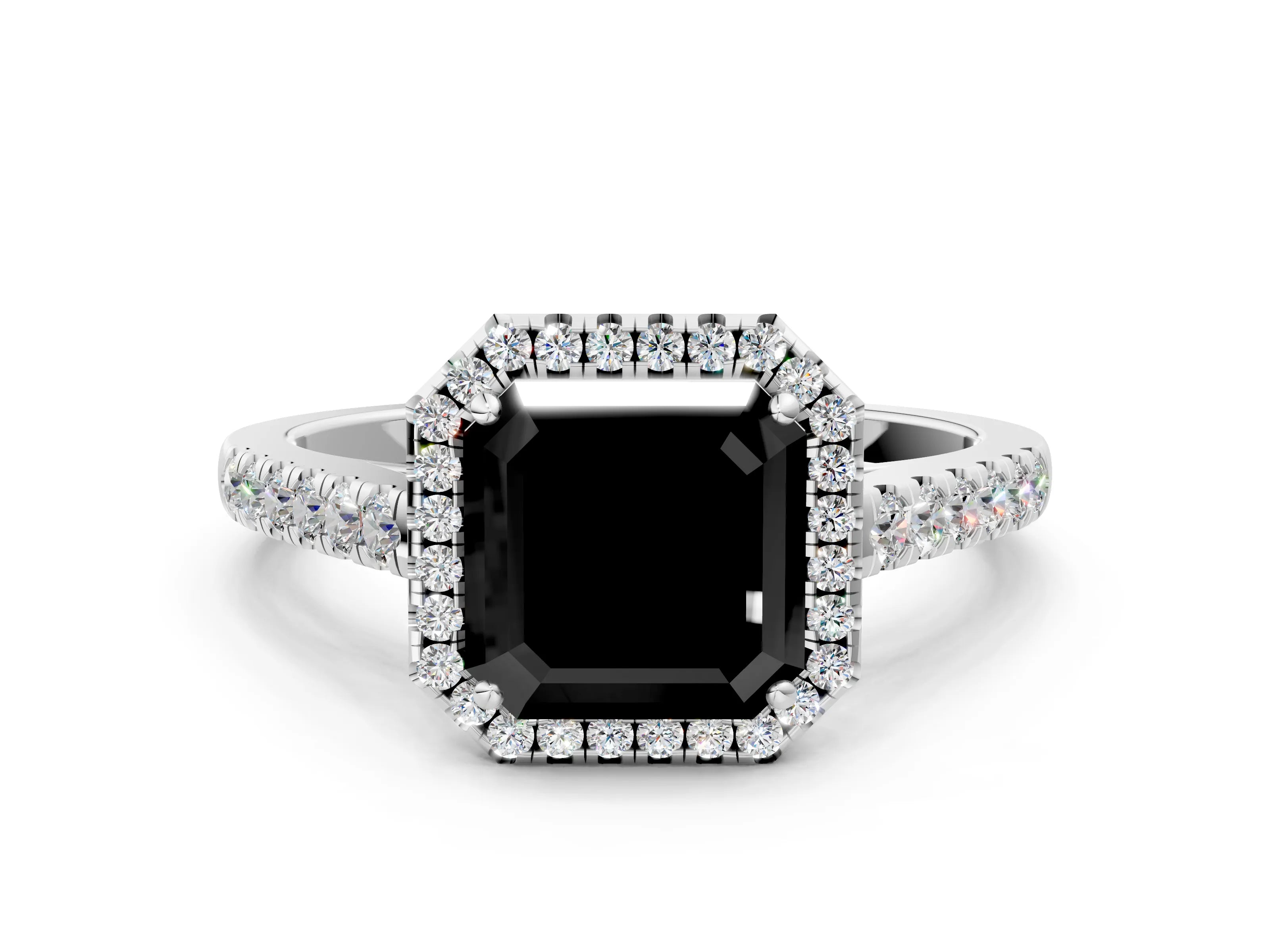 White gold Fancy Black Asscher Cut Halo Pave Diamond Engagement Ring with Four-Prong Setting