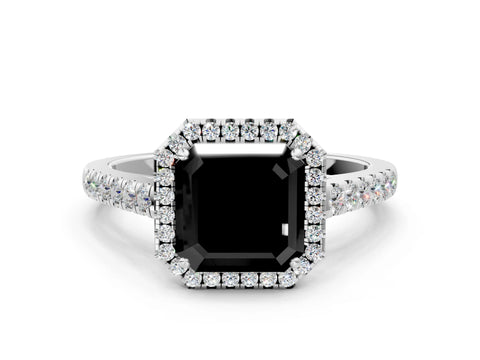 White gold Fancy Black Asscher Cut Halo Pave Diamond Engagement Ring with Four-Prong Setting