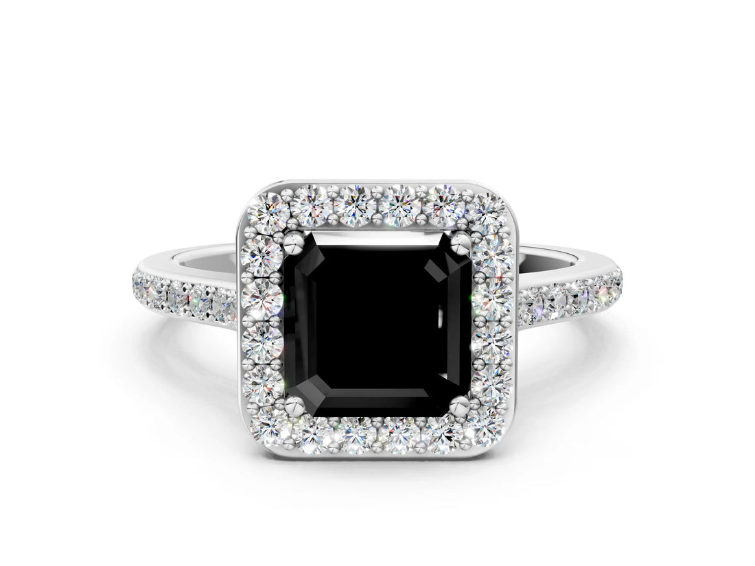 White gold Fancy Black Asscher Cut Halo Round Diamond Pavé Band with Four-Prong Setting_27