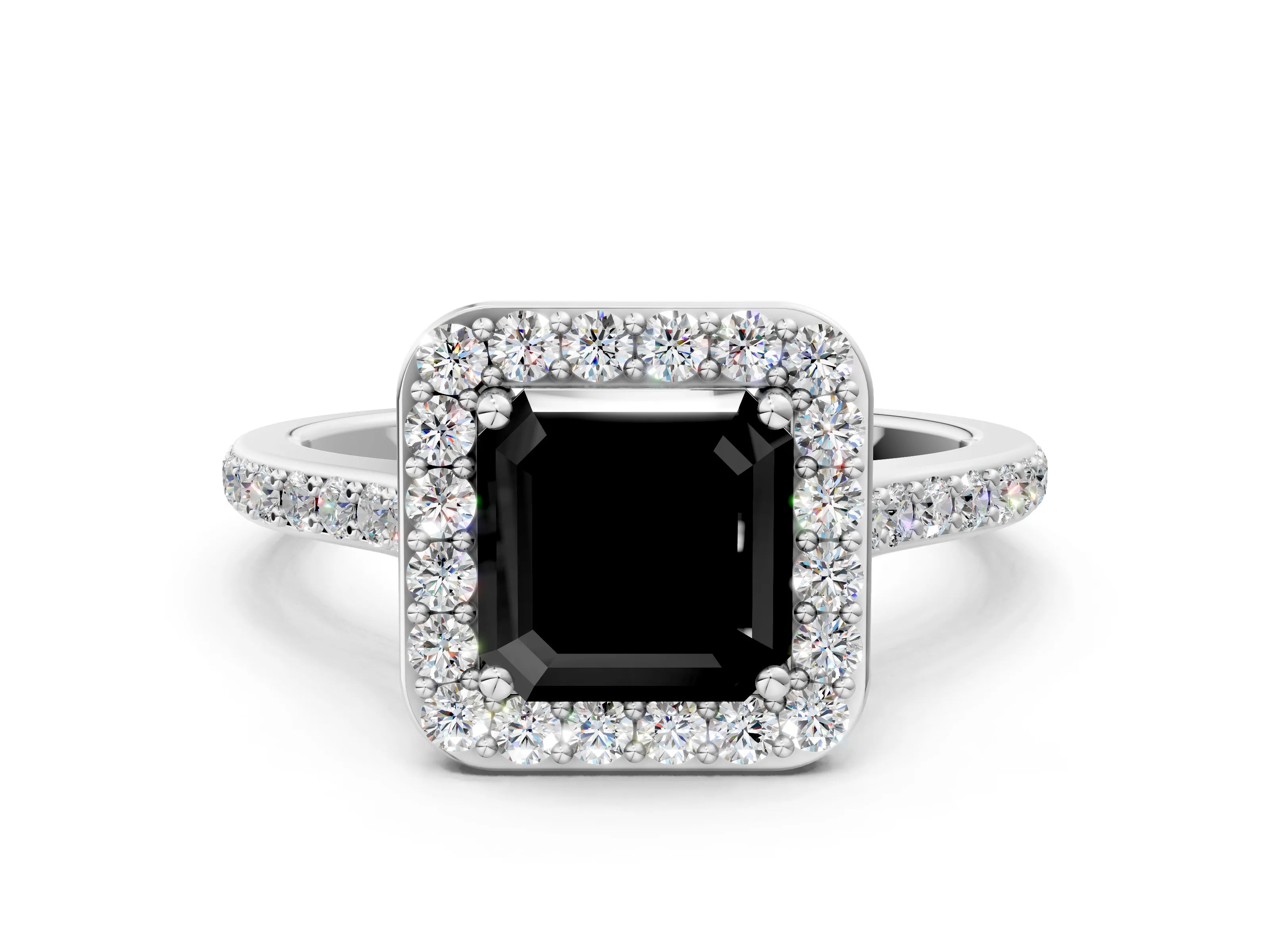 White gold Fancy Black Asscher Cut Halo Round Diamond Pavé Band with Four-Prong Setting_27