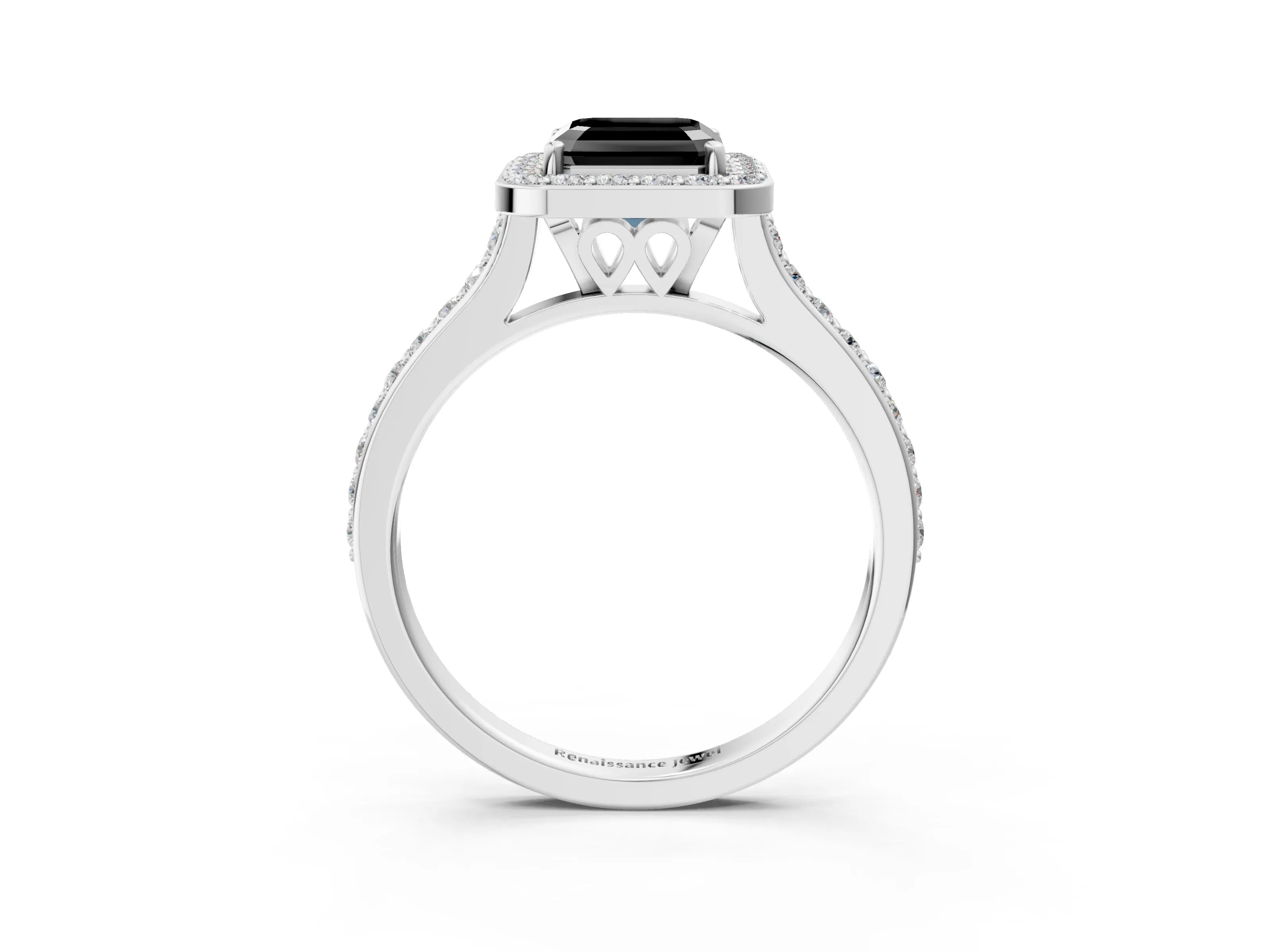 White gold Fancy Black Asscher Cut Halo Round Diamond Pavé Band with Four-Prong Setting_30
