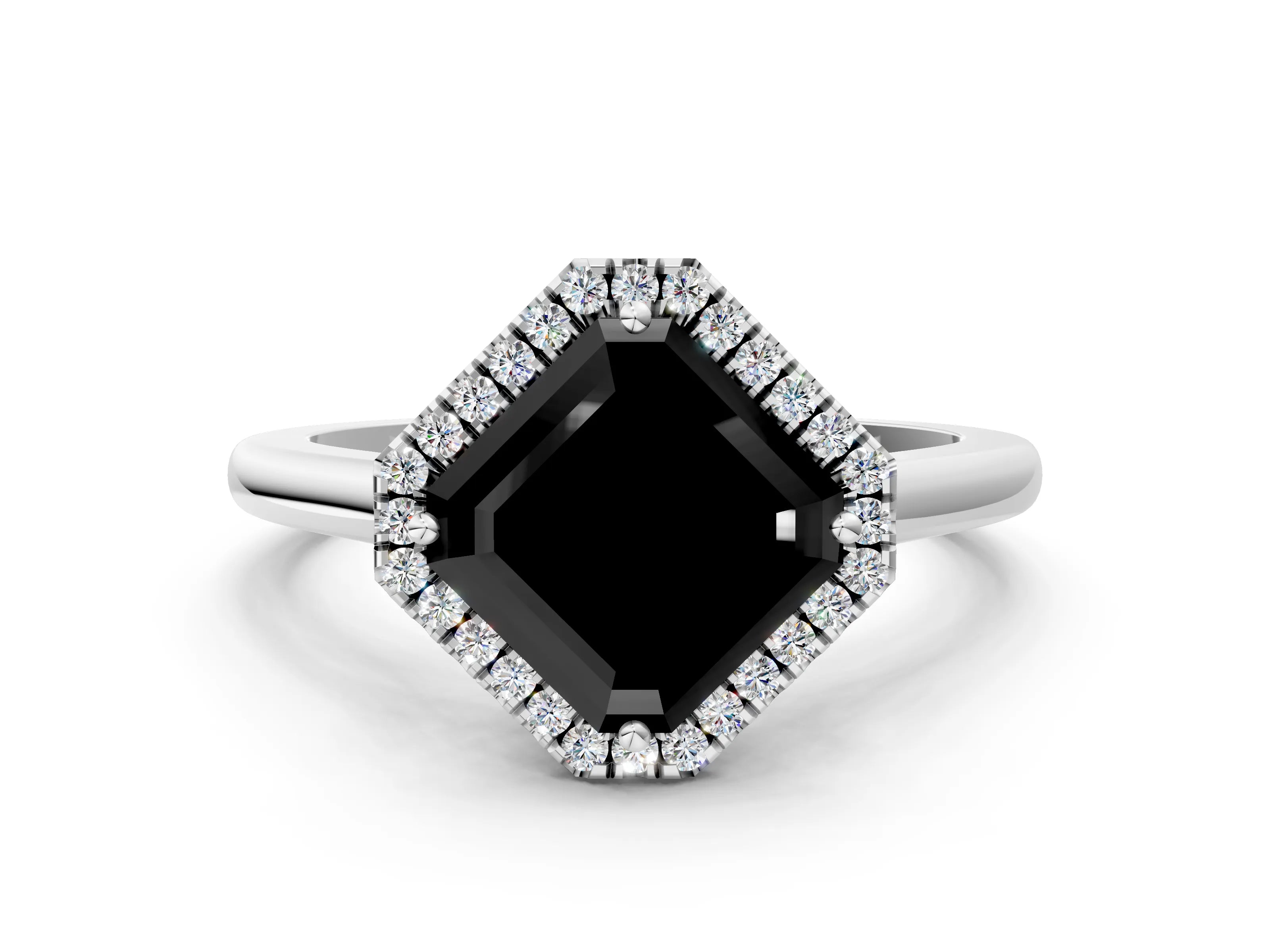 White gold Fancy Black Asscher Cut Halo Round Diamond Solitaire Engagement Ring with Pave Band and Four-Prong Setting_24