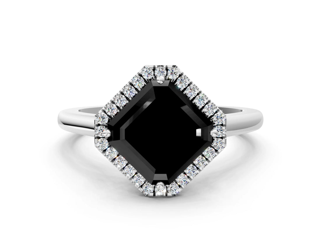 White gold Fancy Black Asscher Cut Halo Round Diamond Solitaire Engagement Ring with Pave Band and Four-Prong Setting_24
