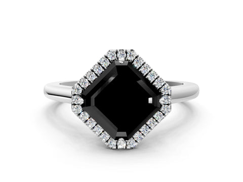 White gold Fancy Black Asscher Cut Halo Round Diamond Solitaire Engagement Ring with Pave Band and Four-Prong Setting_24
