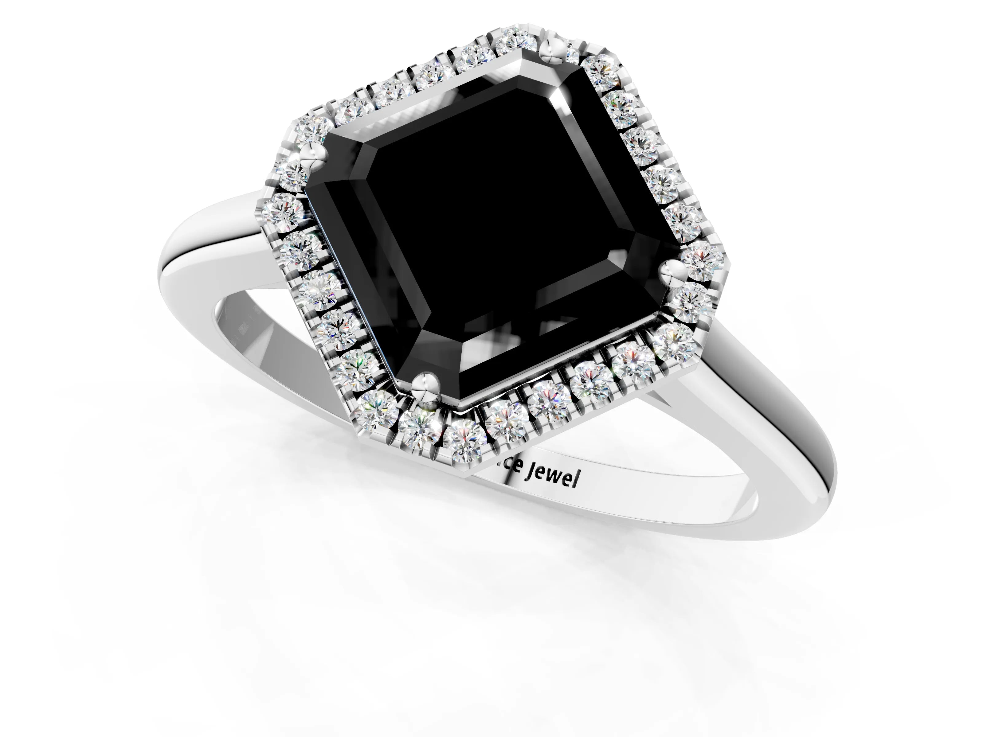 White gold Fancy Black Asscher Cut Halo Round Diamond Solitaire Engagement Ring with Pave Band and Four-Prong Setting_25