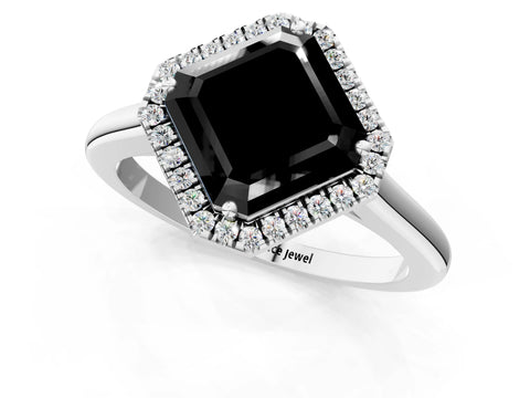 White gold Fancy Black Asscher Cut Halo Round Diamond Solitaire Engagement Ring with Pave Band and Four-Prong Setting_25
