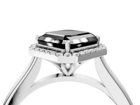 White gold Fancy Black Asscher Cut Halo Round Diamond Solitaire Engagement Ring with Pave Band and Four-Prong Setting_28