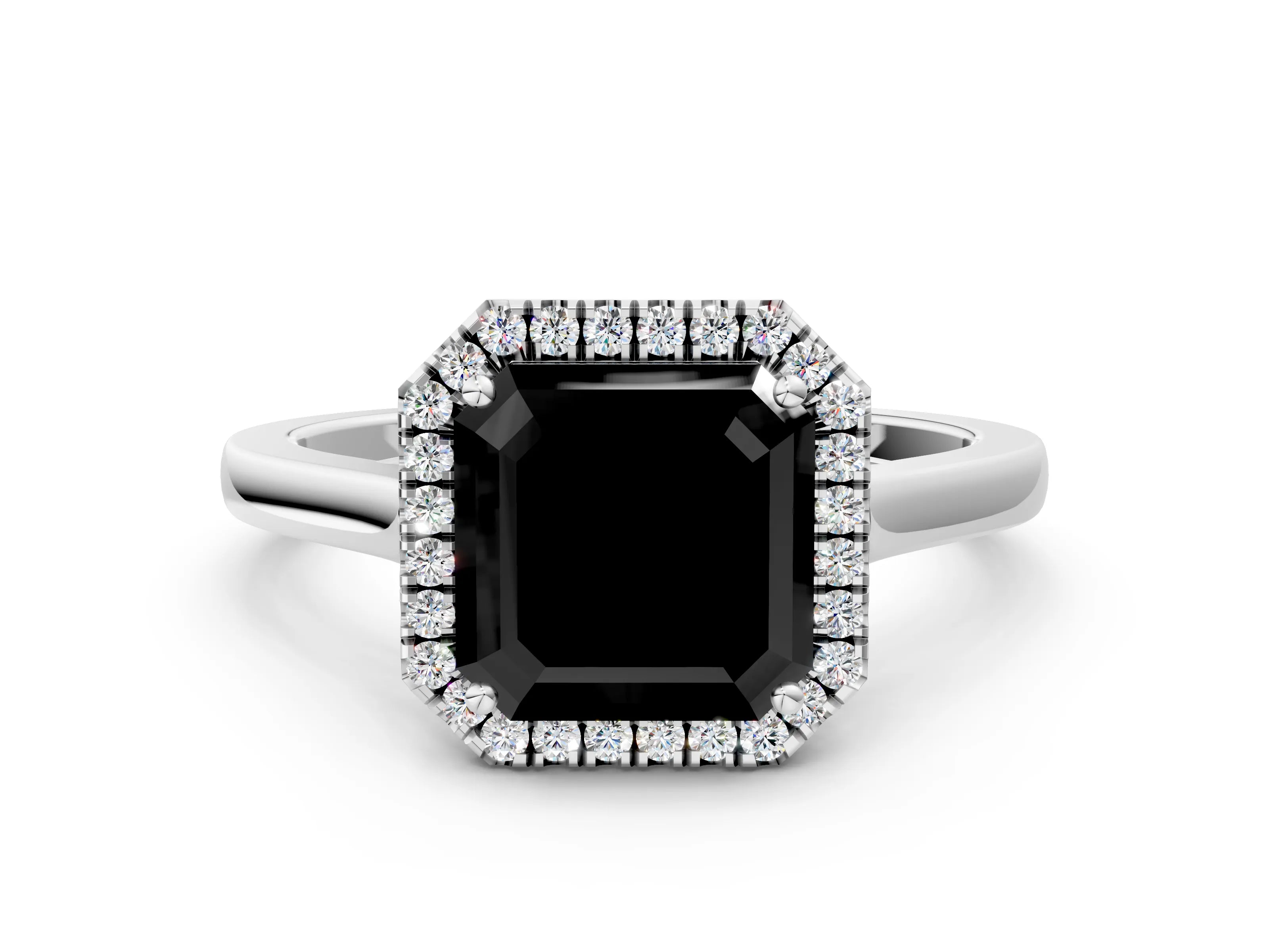 White gold Fancy Black Asscher Cut Halo Round Diamond Solitaire Ring with Pavé Band and Four-Prong Setting
