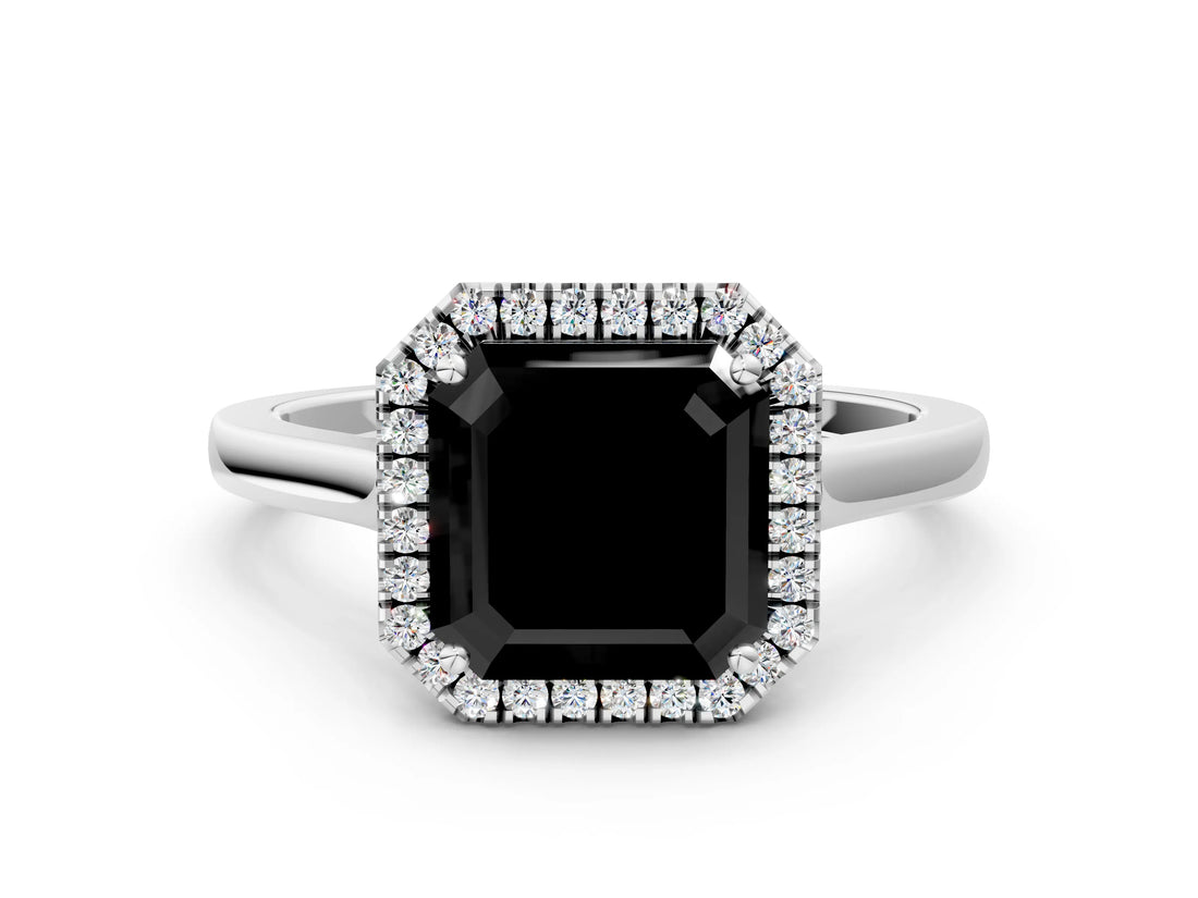 White gold Fancy Black Asscher Cut Halo Round Diamond Solitaire Ring with Pavé Band and Four-Prong Setting