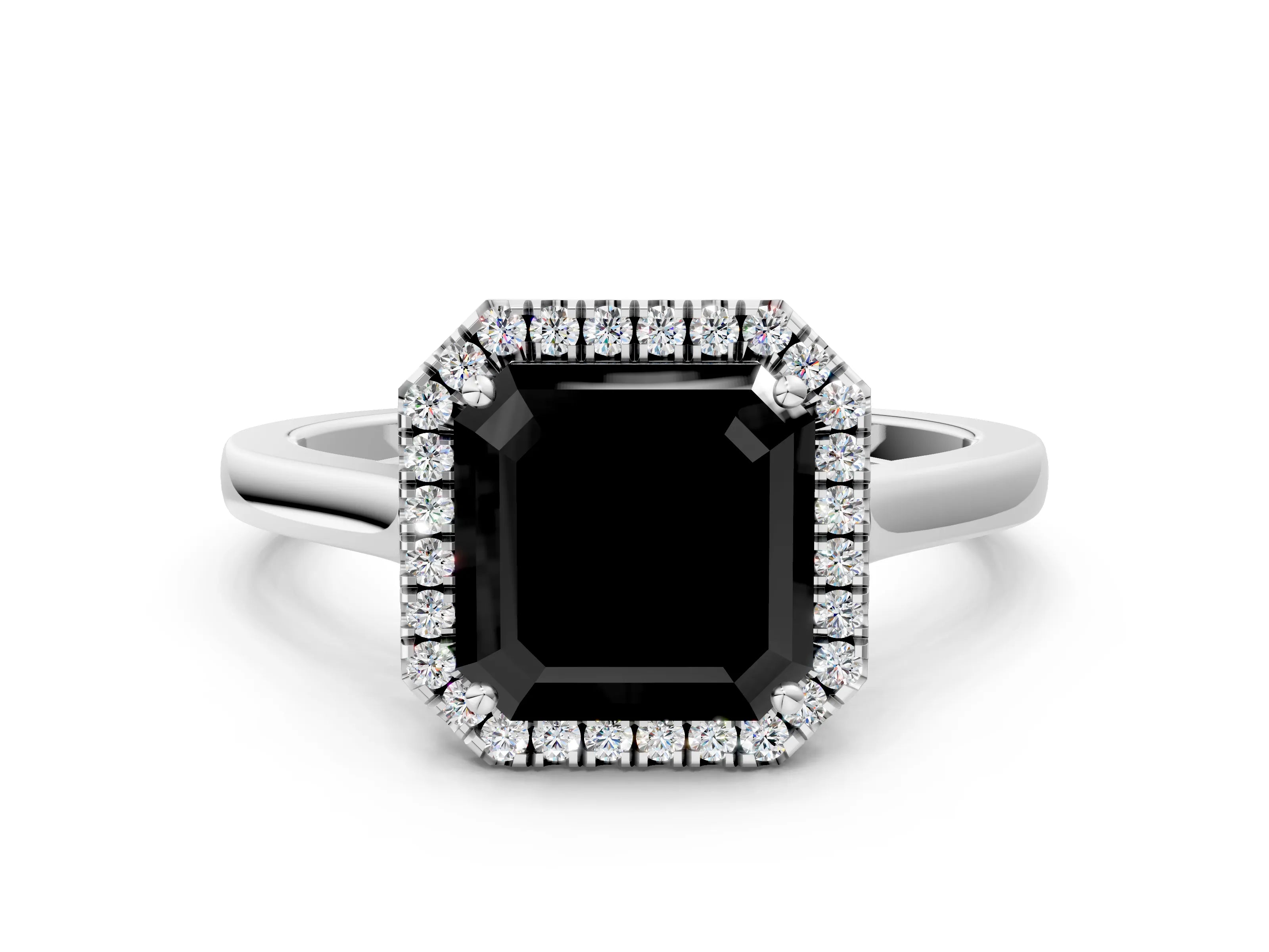 White gold Fancy Black Asscher Cut Halo Round Diamond Solitaire Ring with Pavé Band and Four-Prong Setting_12