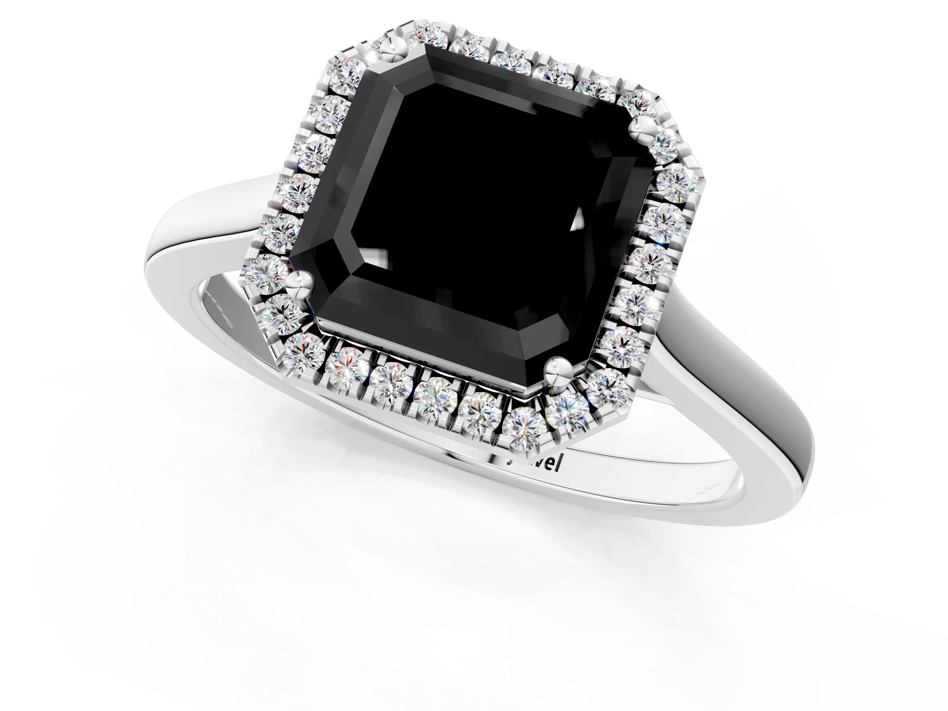 White gold Fancy Black Asscher Cut Halo Round Diamond Solitaire Ring with Pavé Band and Four-Prong Setting_1