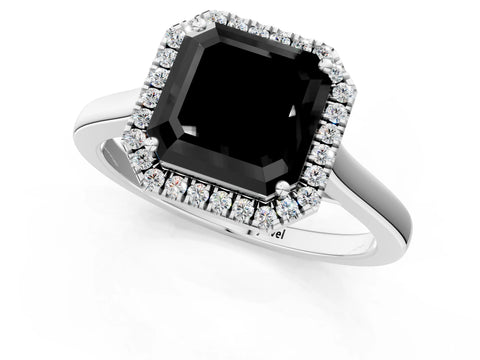 White gold Fancy Black Asscher Cut Halo Round Diamond Solitaire Ring with Pavé Band and Four-Prong Setting_1