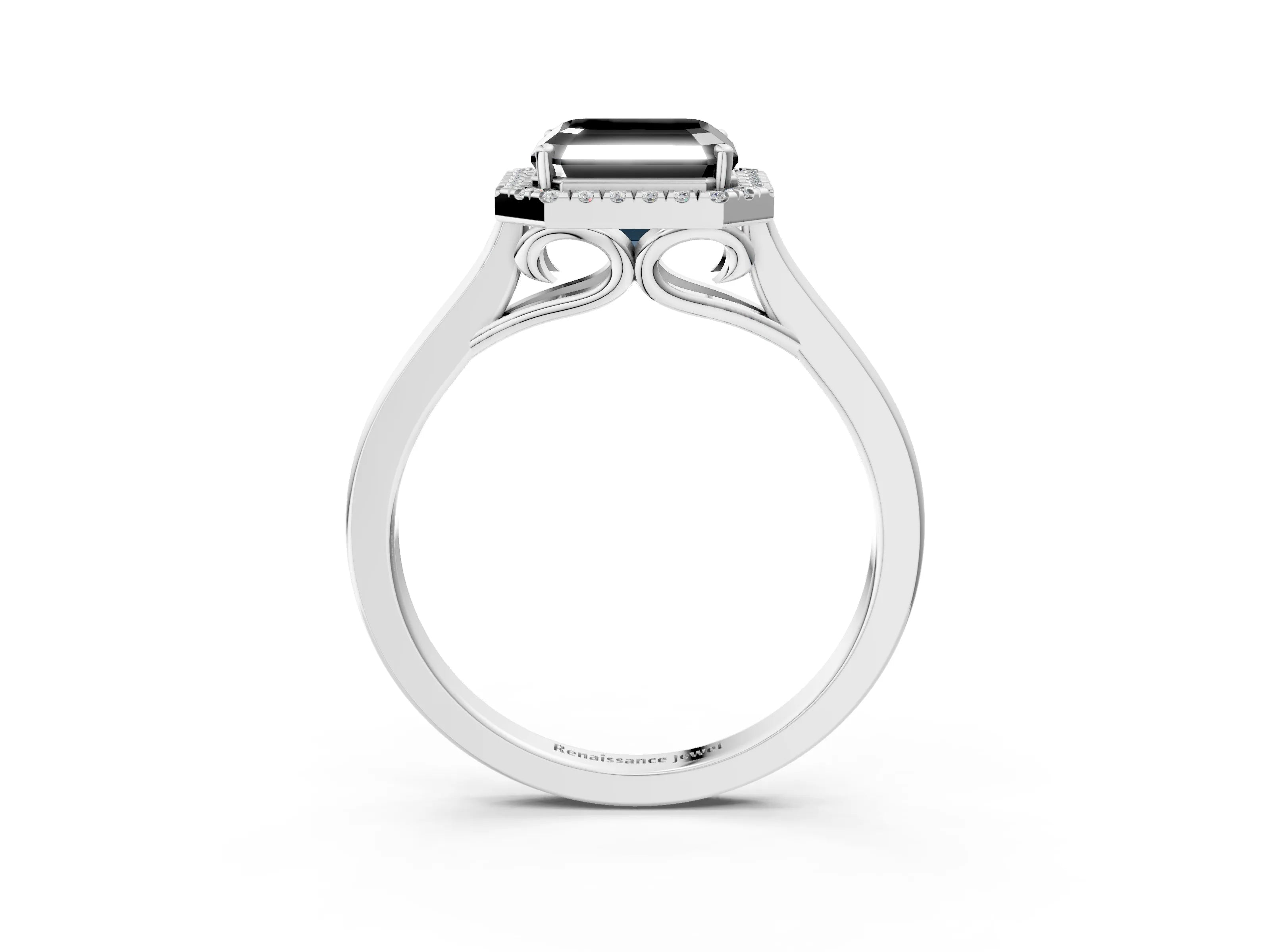 White gold Fancy Black Asscher Cut Halo Round Diamond Solitaire Ring with Pavé Band and Four-Prong Setting_3