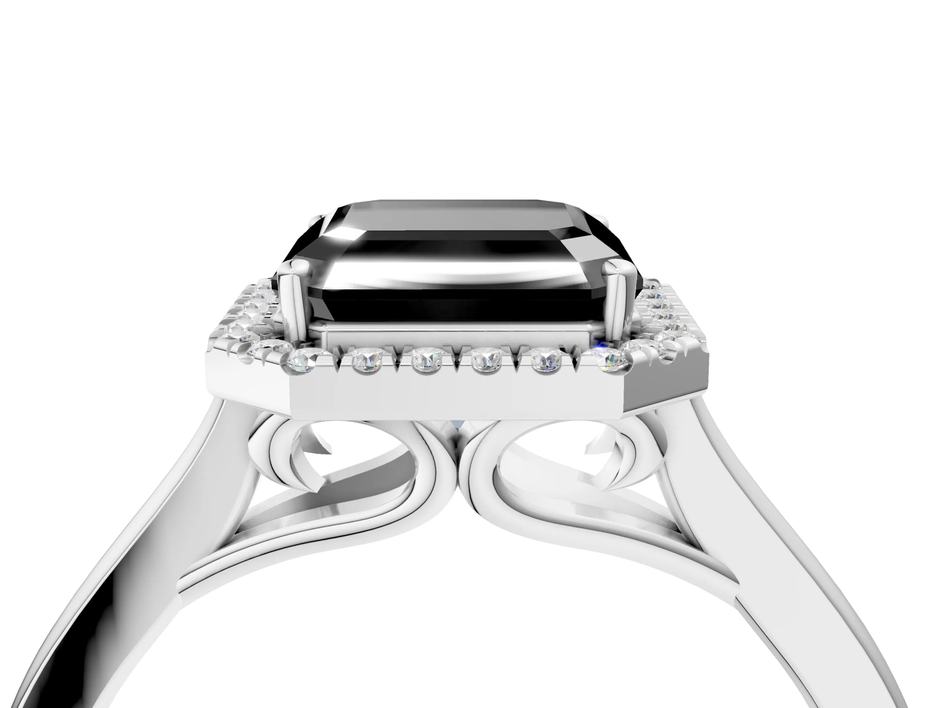 White gold Fancy Black Asscher Cut Halo Round Diamond Solitaire Ring with Pavé Band and Four-Prong Setting_4