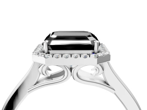 White gold Fancy Black Asscher Cut Halo Round Diamond Solitaire Ring with Pavé Band and Four-Prong Setting_4