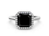 White gold Fancy Black Asscher Cut Halo Round Diamond Solitaire Ring with Pavé Band and Four-Prong Setting