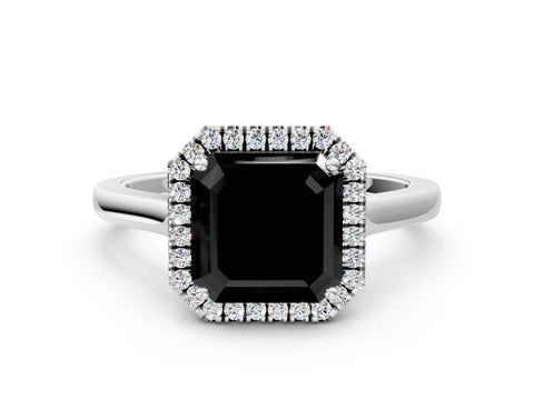 White gold Fancy Black Asscher Cut Halo Round Diamond Solitaire Ring with Pavé Band and Four-Prong Setting