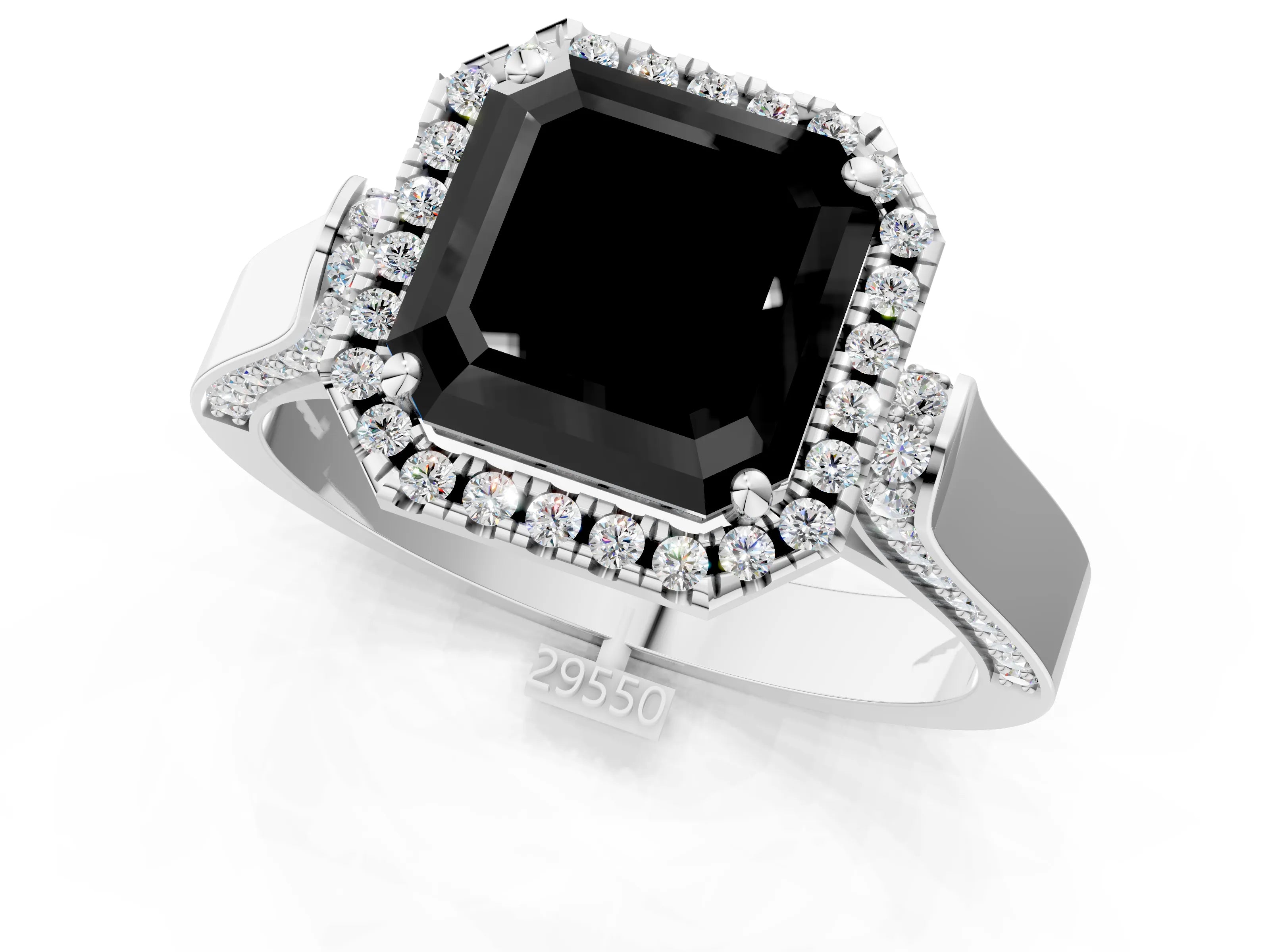 White gold Fancy Black Asscher Cut Halo Round Diamond Twist Band with Four-Prong Setting_1