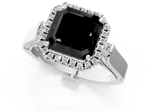 White gold Fancy Black Asscher Cut Halo Round Diamond Twist Band with Four-Prong Setting_1