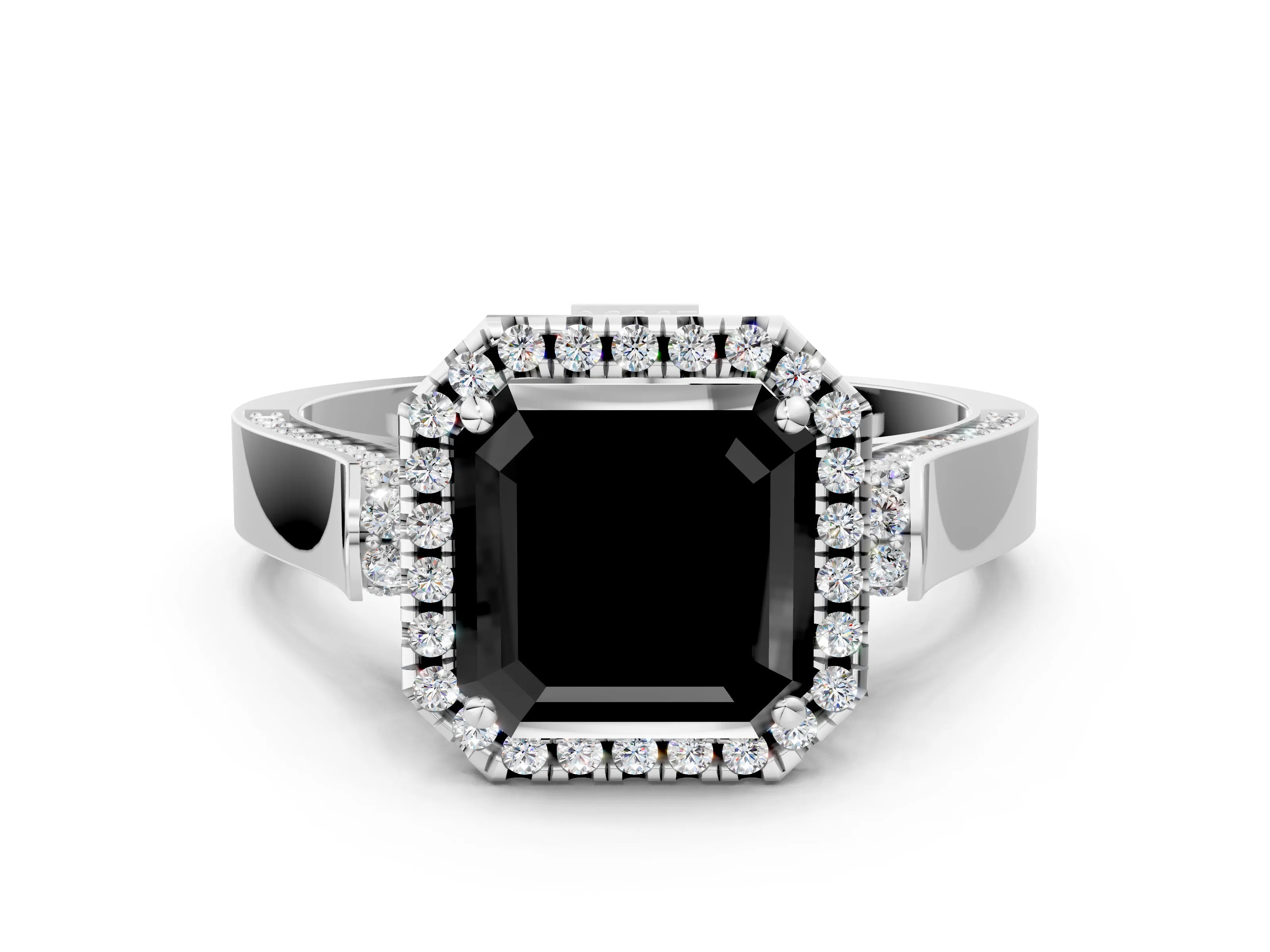 White gold Fancy Black Asscher Cut Halo Round Diamond Twist Band with Four-Prong Setting_24