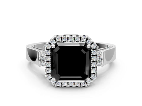 White gold Fancy Black Asscher Cut Halo Round Diamond Twist Band with Four-Prong Setting_24