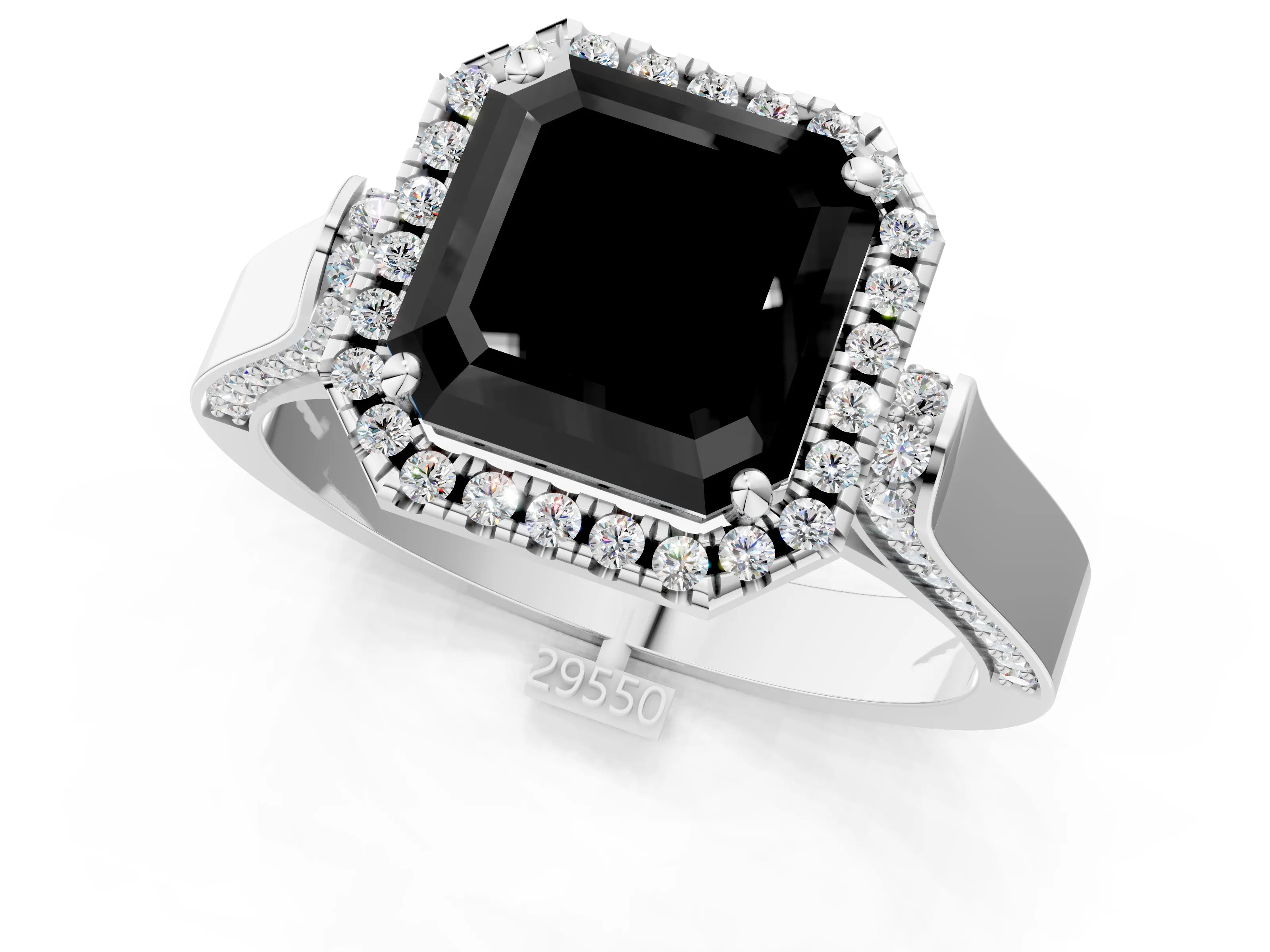 White gold Fancy Black Asscher Cut Halo Round Diamond Twist Band with Four-Prong Setting_25