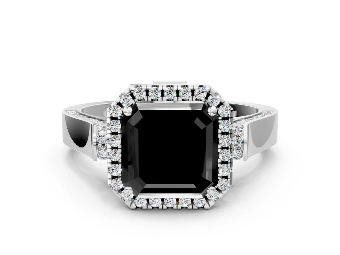 White gold Fancy Black Asscher Cut Halo Round Diamond Twist Band with Four-Prong Setting_25