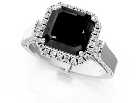 White gold Fancy Black Asscher Cut Halo Round Diamond Twist Band with Four-Prong Setting_25
