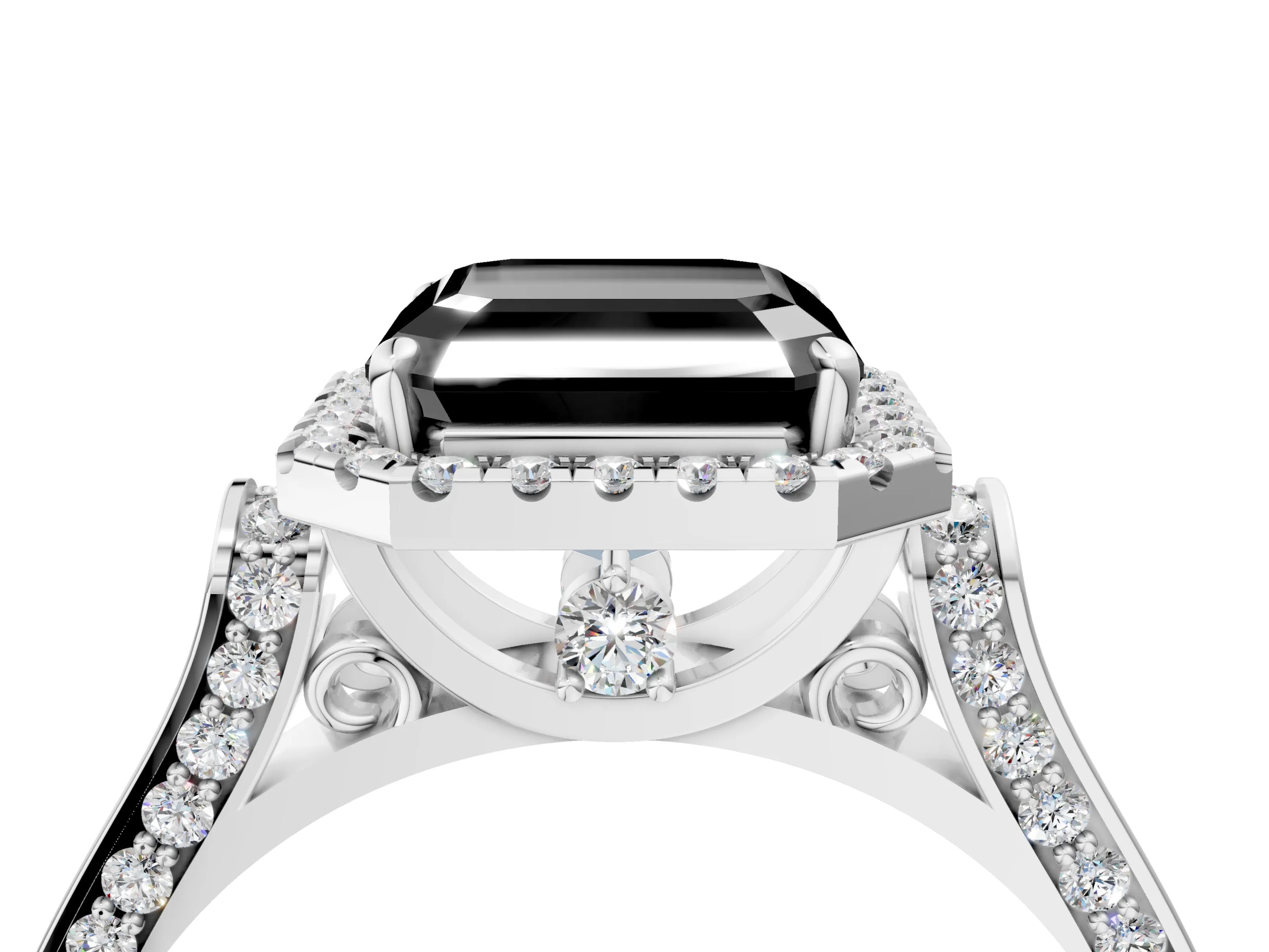 White gold Fancy Black Asscher Cut Halo Round Diamond Twist Band with Four-Prong Setting_28