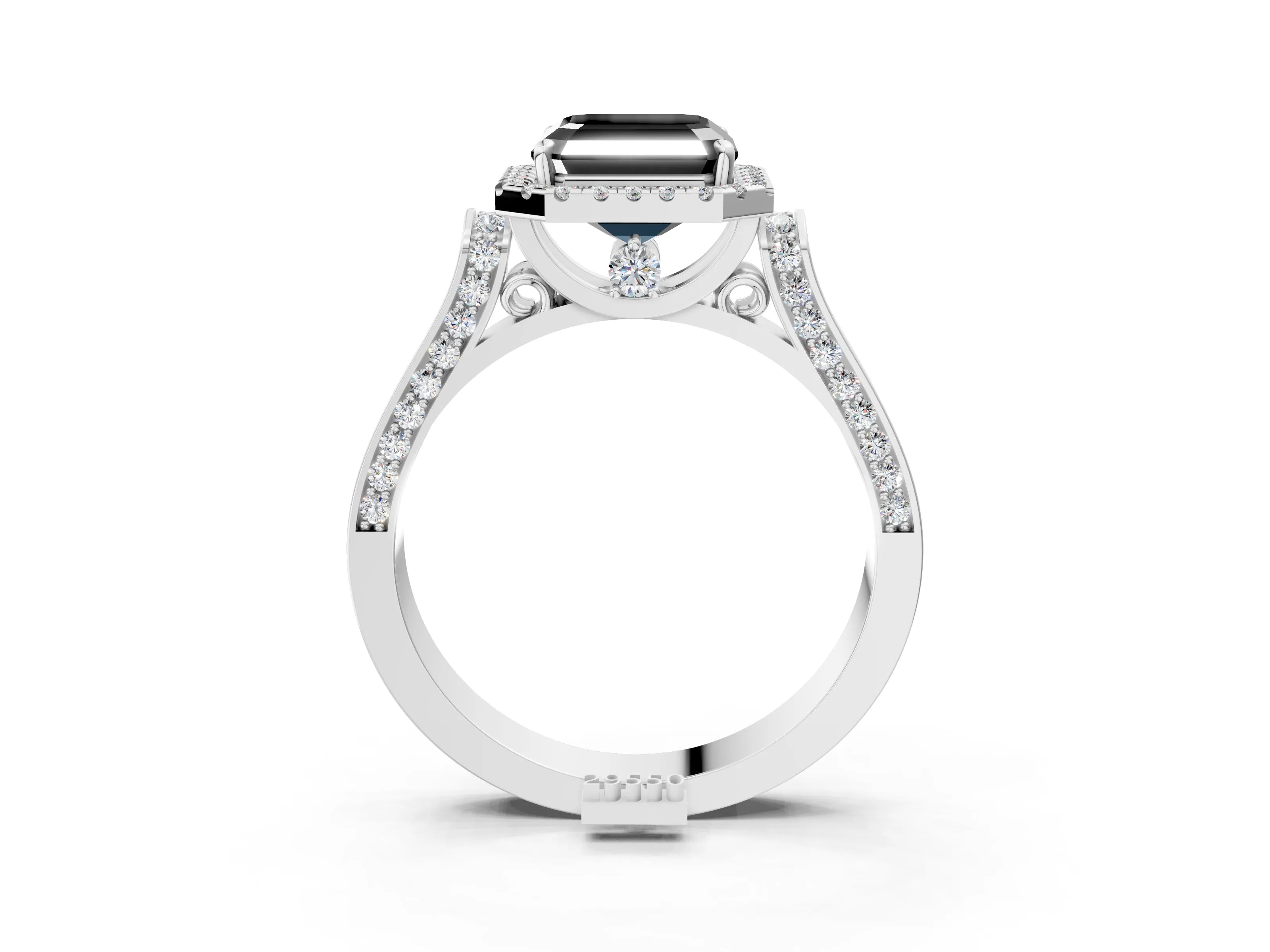 White gold Fancy Black Asscher Cut Halo Round Diamond Twist Band with Four-Prong Setting_3