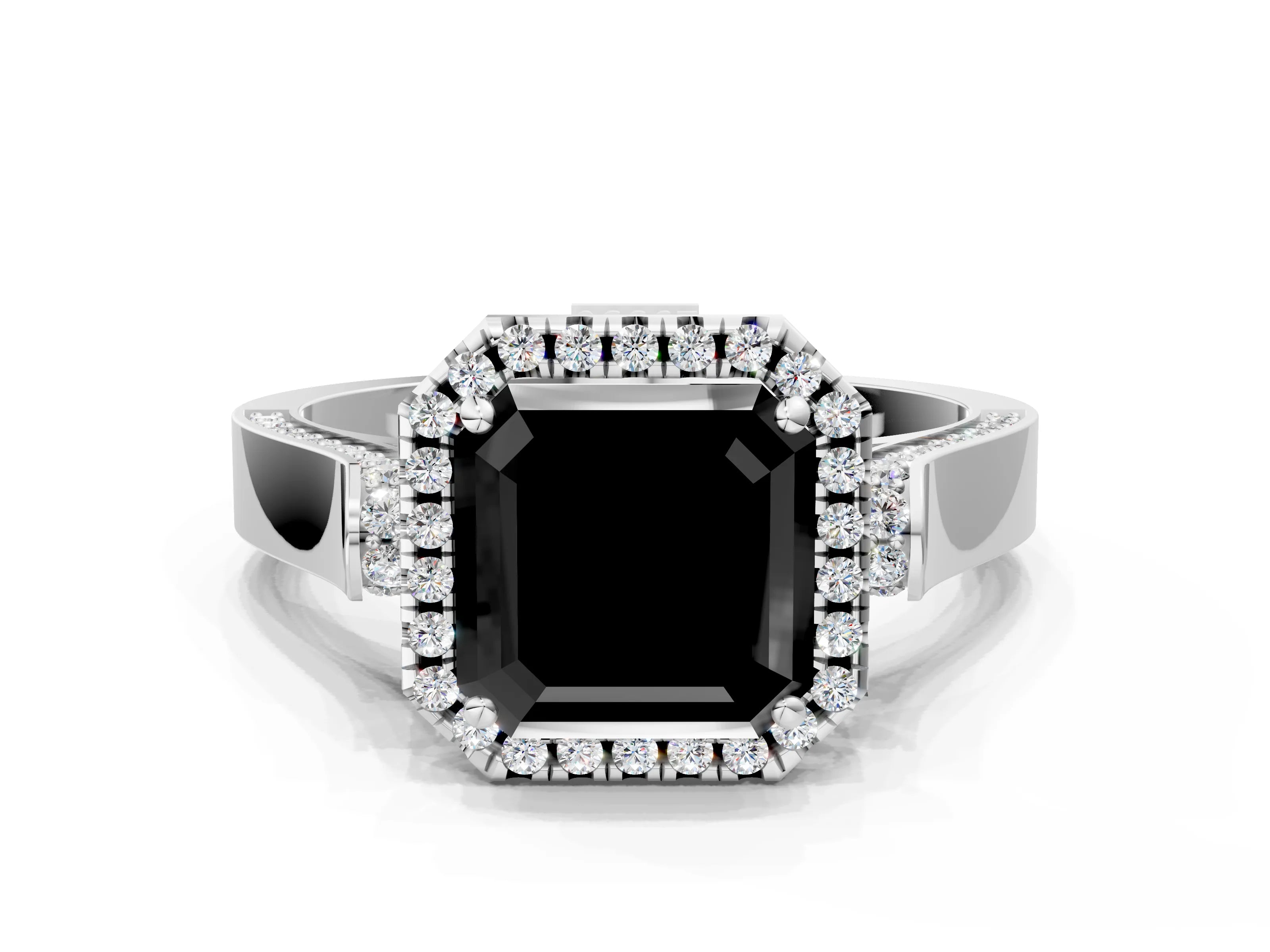 White gold Fancy Black Asscher Cut Halo Round Diamond Twist Band with Four-Prong Setting
