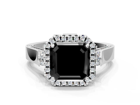 White gold Fancy Black Asscher Cut Halo Round Diamond Twist Band with Four-Prong Setting