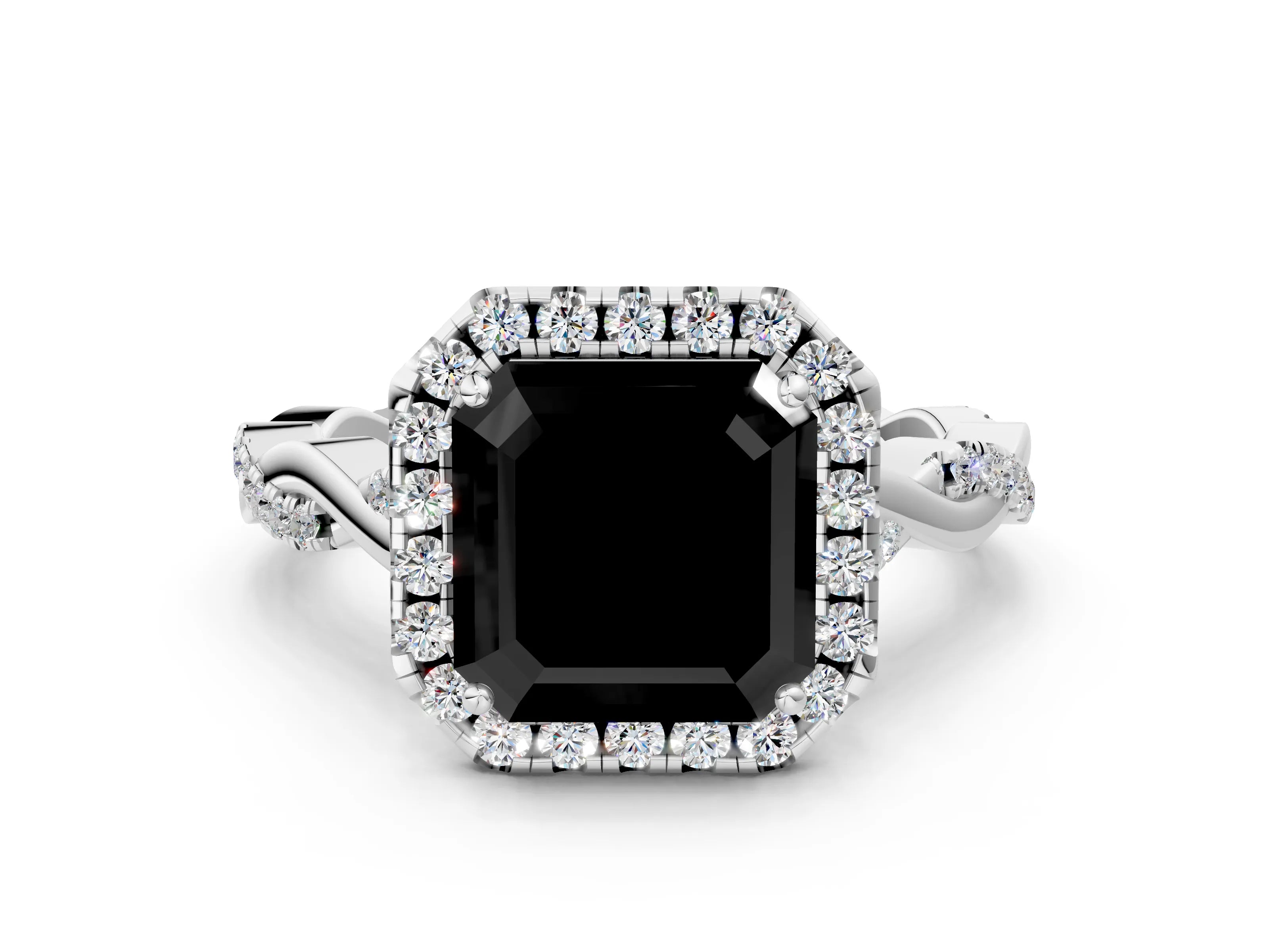 White gold Fancy Black Asscher Cut Halo Twist Band with Four-Prong Setting