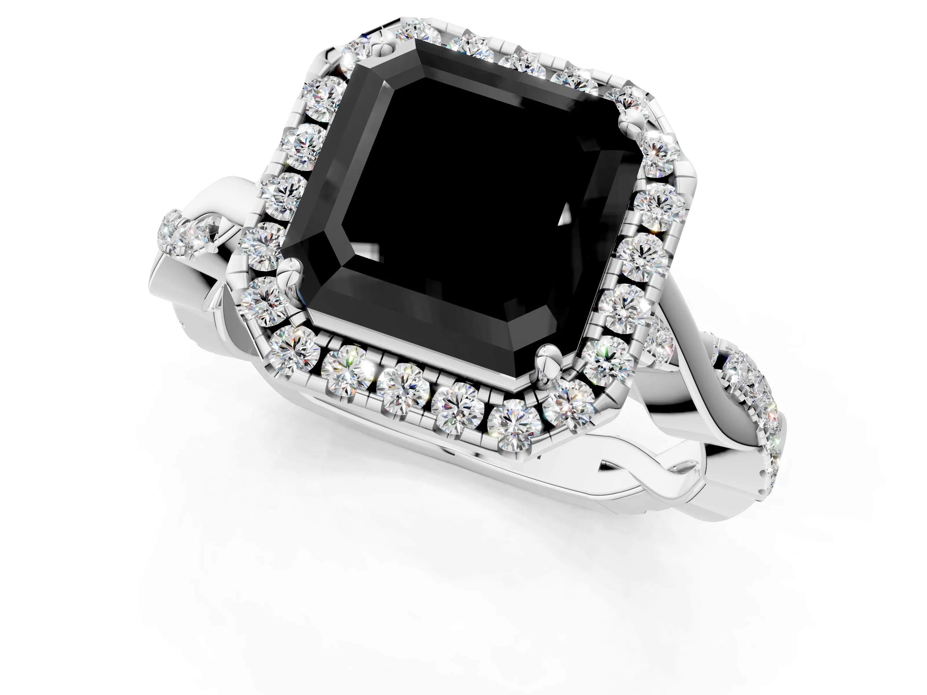 White gold Fancy Black Asscher Cut Halo Twist Band with Four-Prong Setting_1