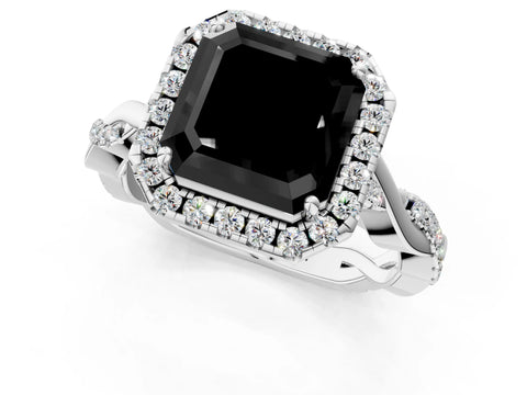 White gold Fancy Black Asscher Cut Halo Twist Band with Four-Prong Setting_1