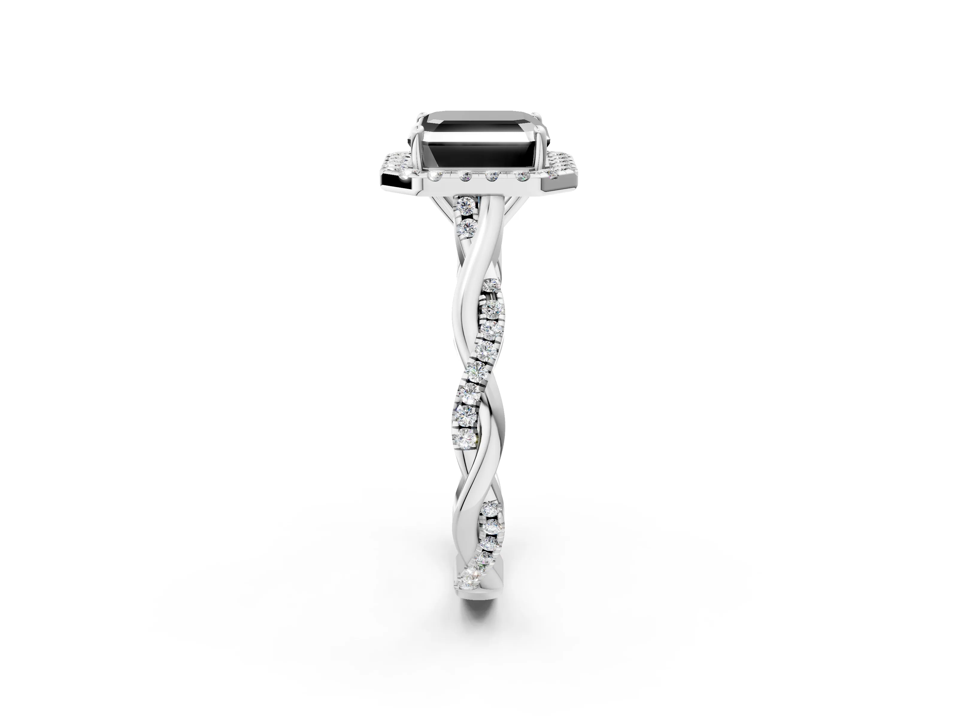 White gold Fancy Black Asscher Cut Halo Twist Band with Four-Prong Setting_2