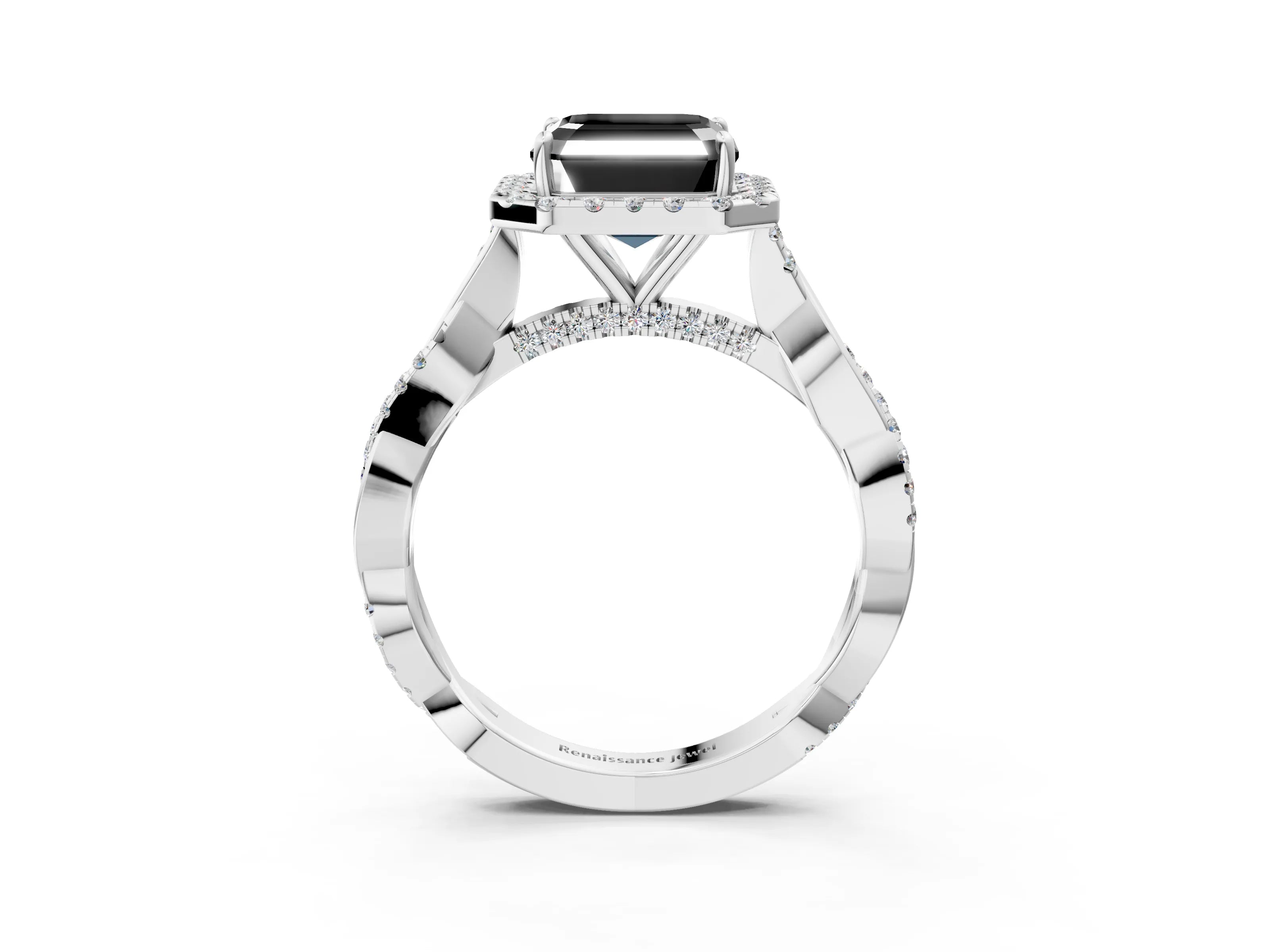 White gold Fancy Black Asscher Cut Halo Twist Band with Four-Prong Setting_3