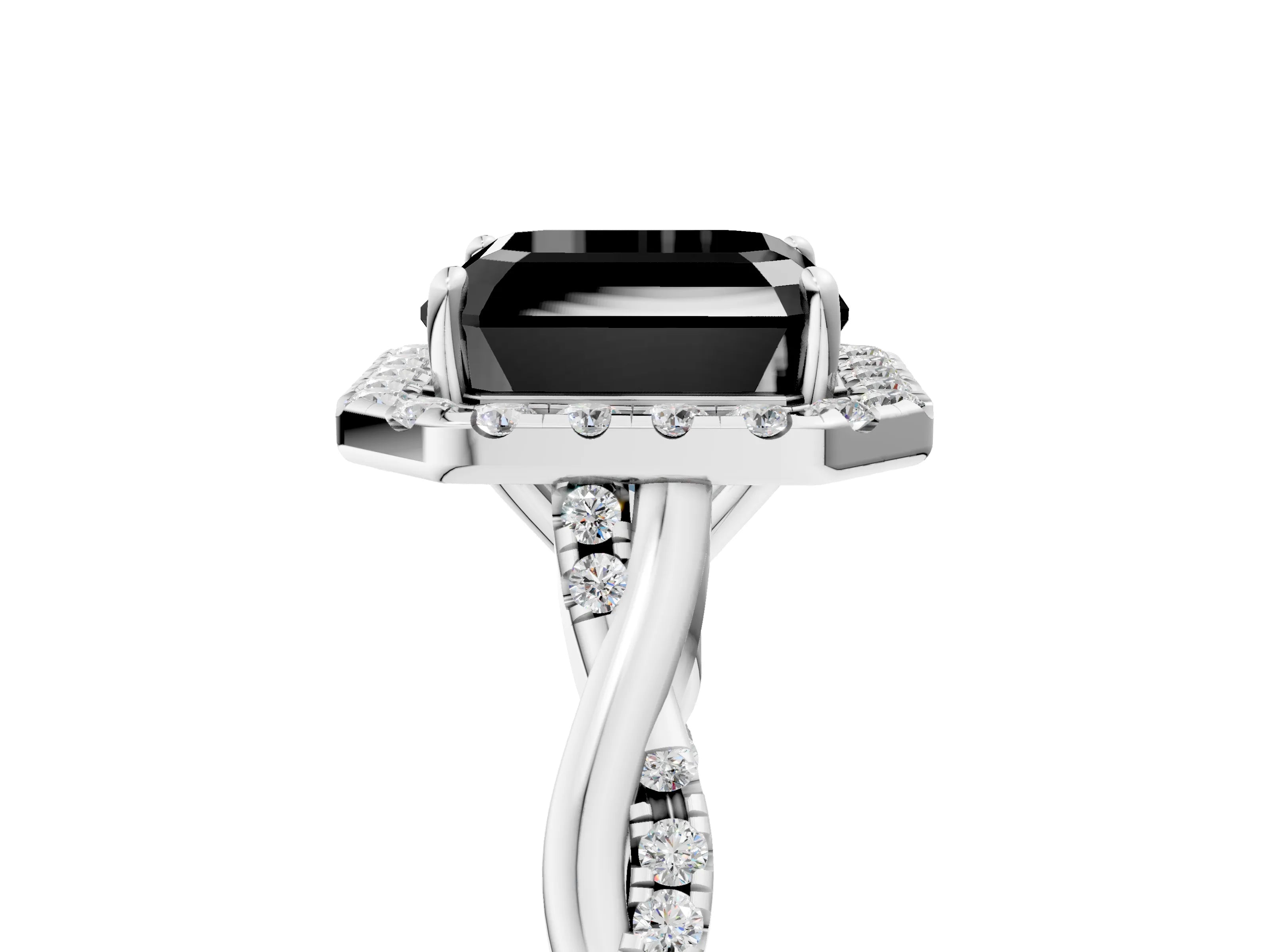 White gold Fancy Black Asscher Cut Halo Twist Band with Four-Prong Setting_5