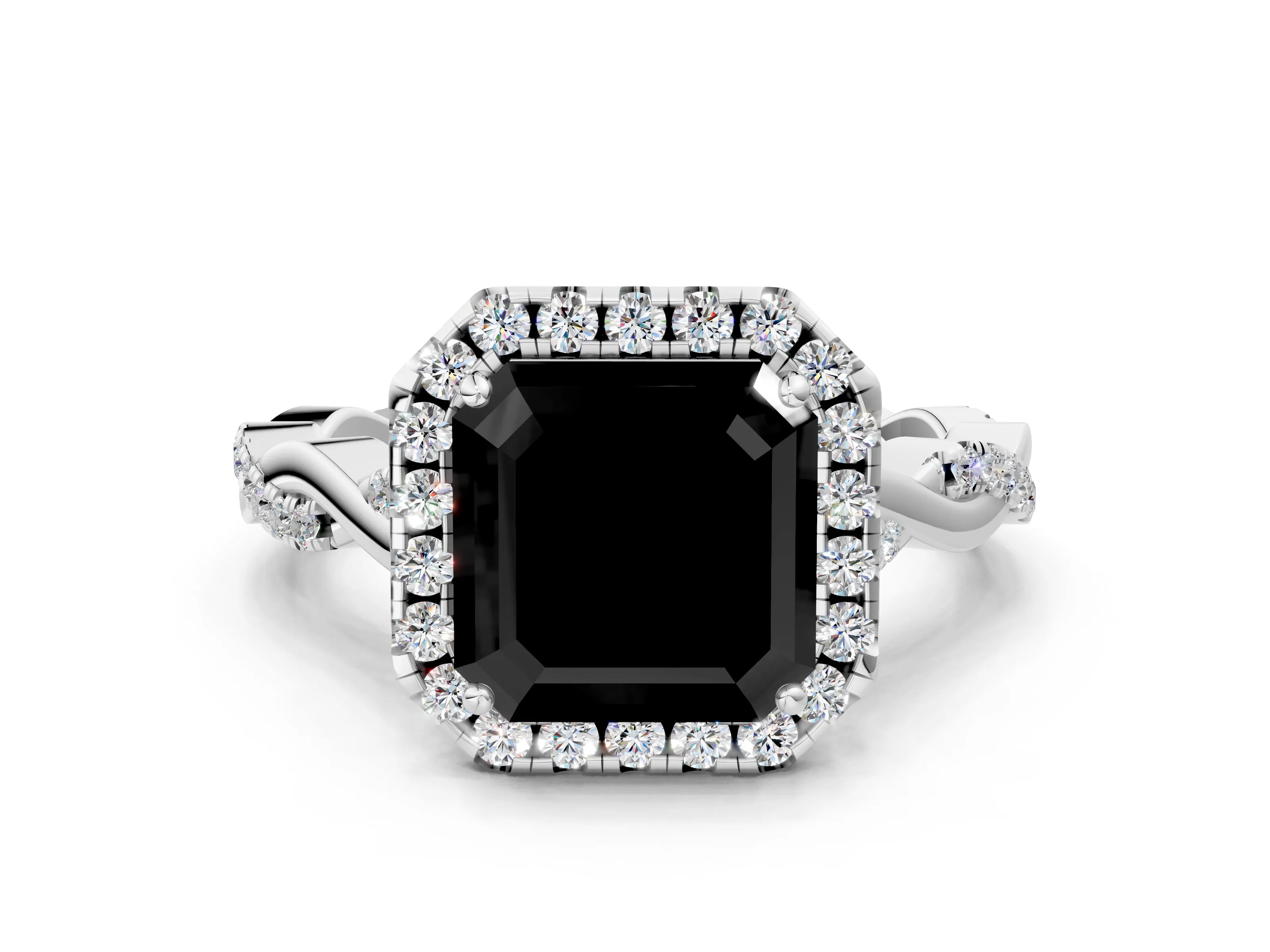 White gold Fancy Black Asscher Cut Halo Twist Band with Four-Prong Setting_72