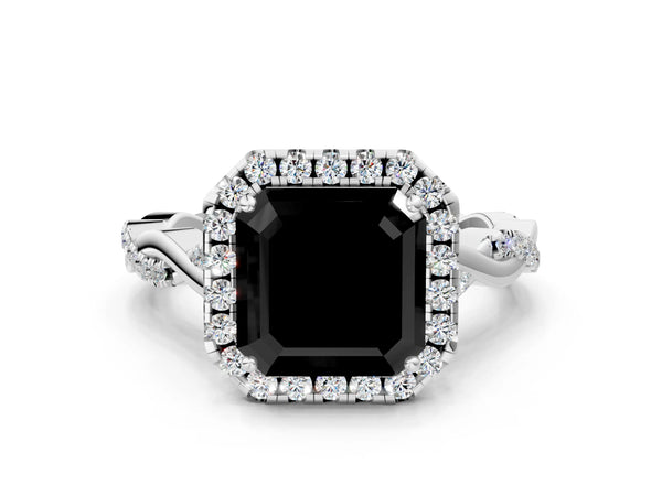 Sterling Silver Asscher Cut Interwoven Twist Halo Engagement Ring Setting for Black Center