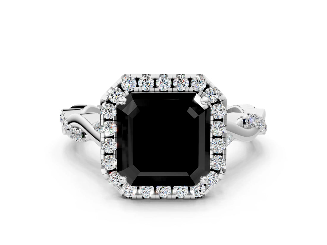 White gold Fancy Black Asscher Cut Halo Twist Band with Four-Prong Setting_72