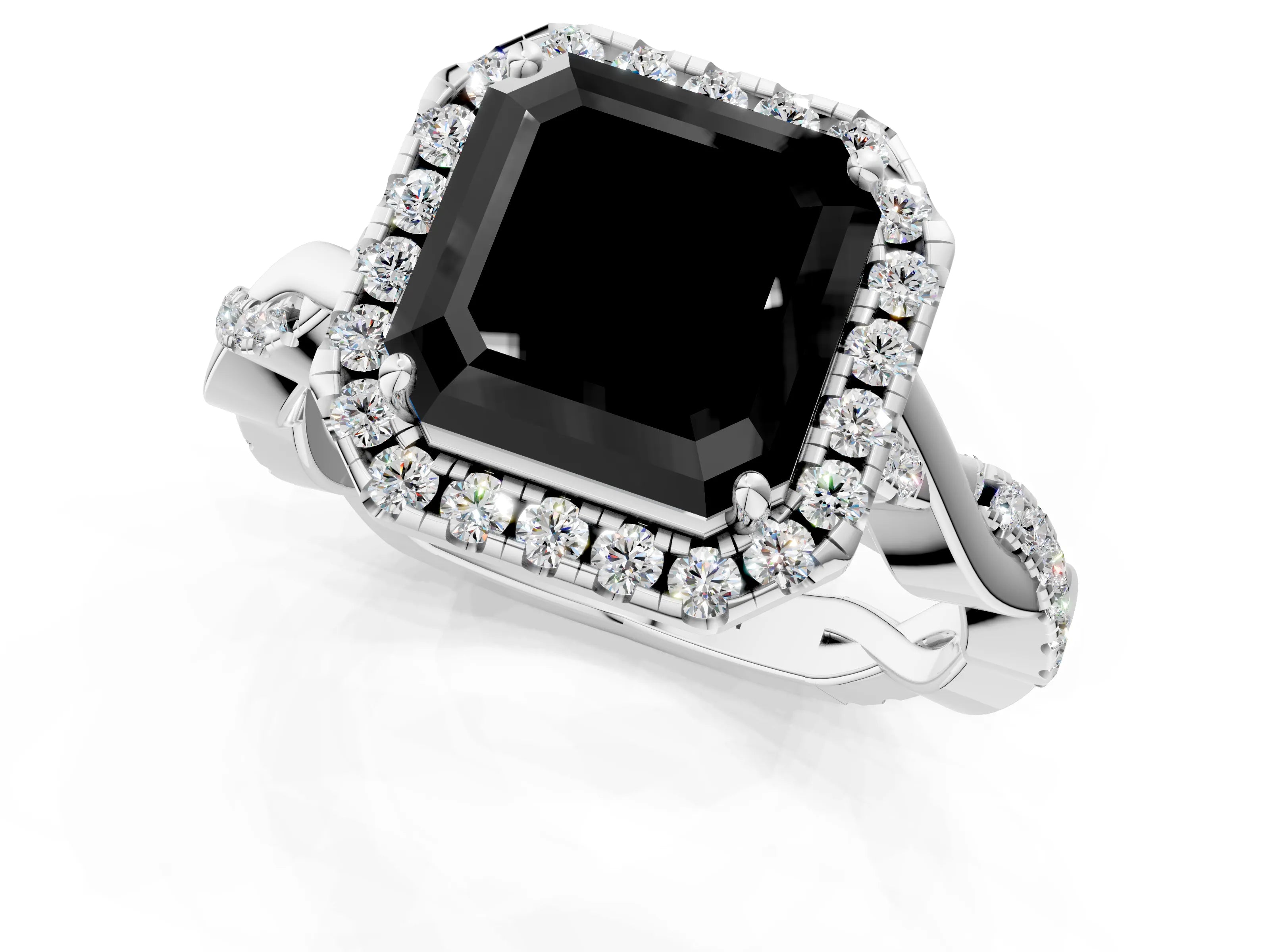 White gold Fancy Black Asscher Cut Halo Twist Band with Four-Prong Setting_73