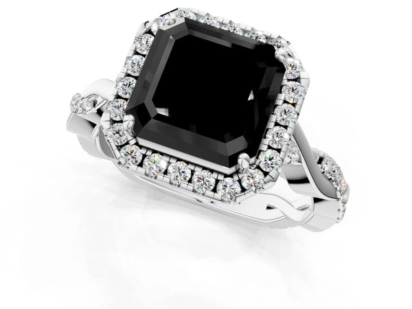 White Gold Asscher Cut Interwoven Twist Halo Engagement Ring Setting for Black Center
