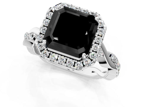 White gold Fancy Black Asscher Cut Halo Twist Band with Four-Prong Setting_73