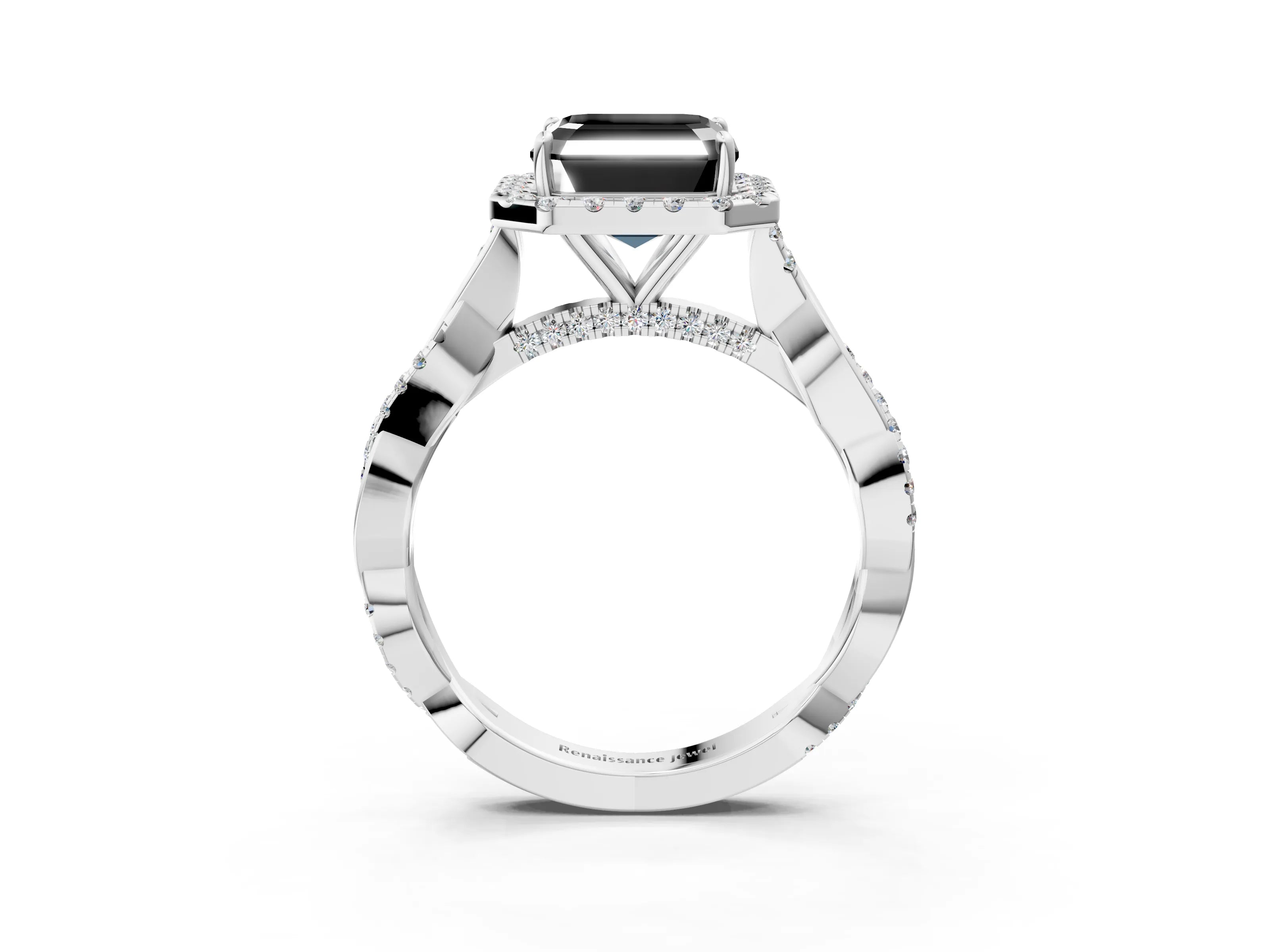 White gold Fancy Black Asscher Cut Halo Twist Band with Four-Prong Setting_75