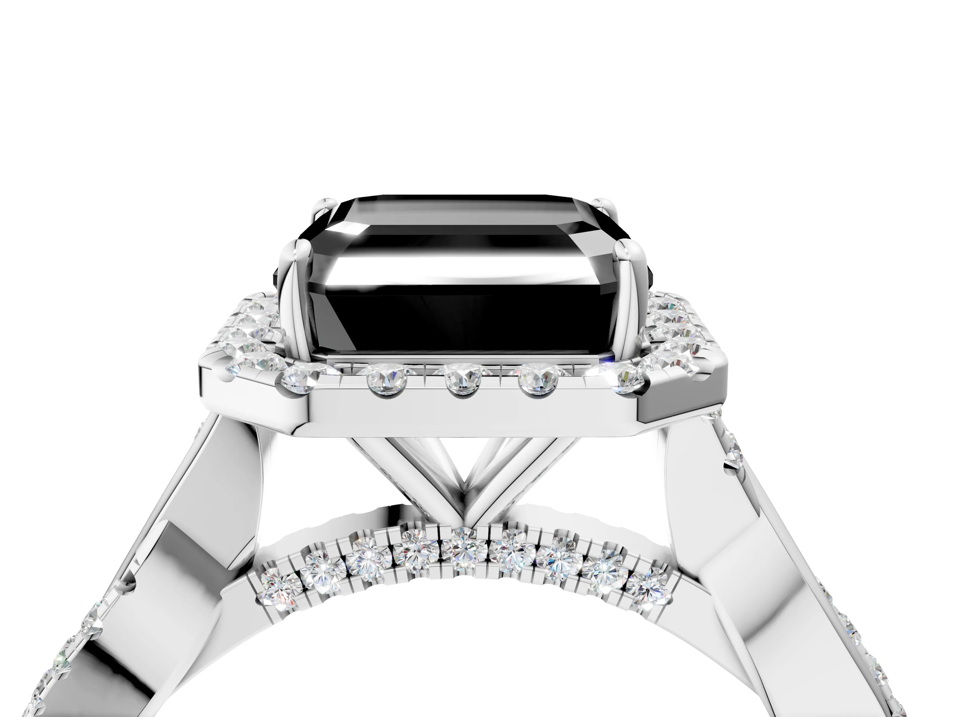 White gold Fancy Black Asscher Cut Halo Twist Band with Four-Prong Setting_76